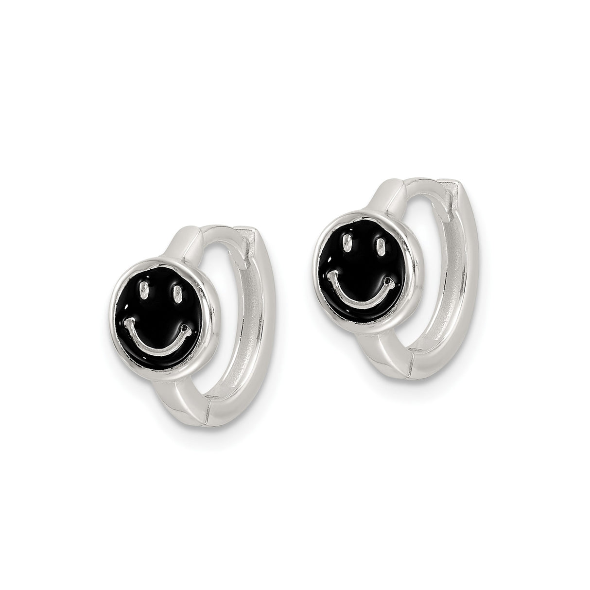 Sterling Silver Hoop Earrings with Black Enamel Smiley Face Charm, Y2K Minimalist Style