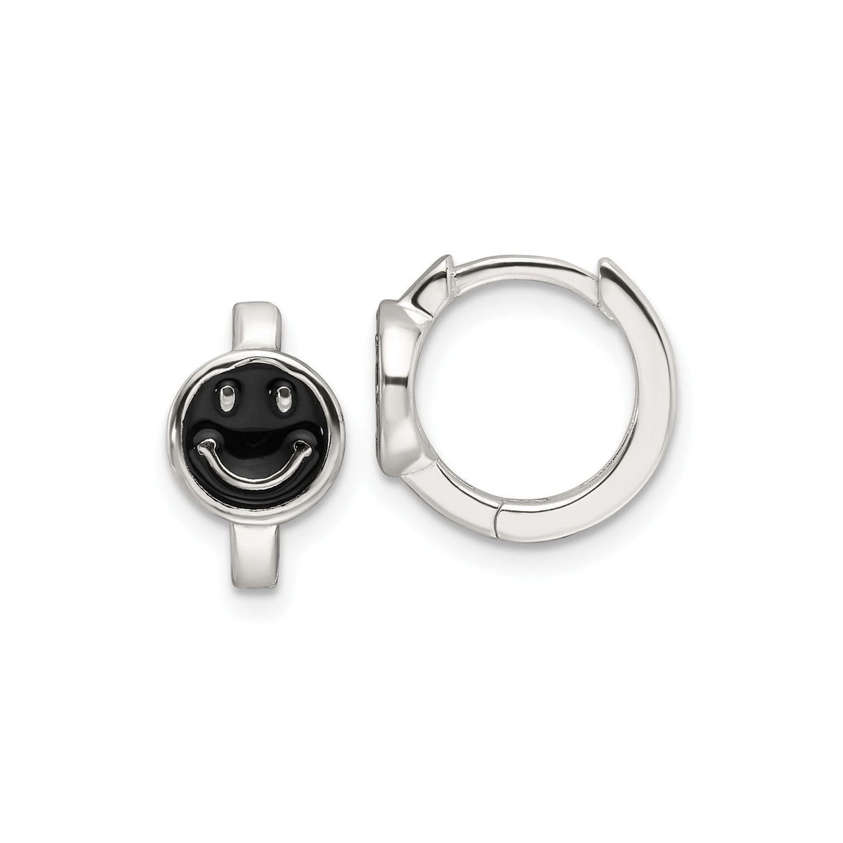 Sterling Silver Hoop Earrings with Black Enamel Smiley Face Charm, Y2K Minimalist Style