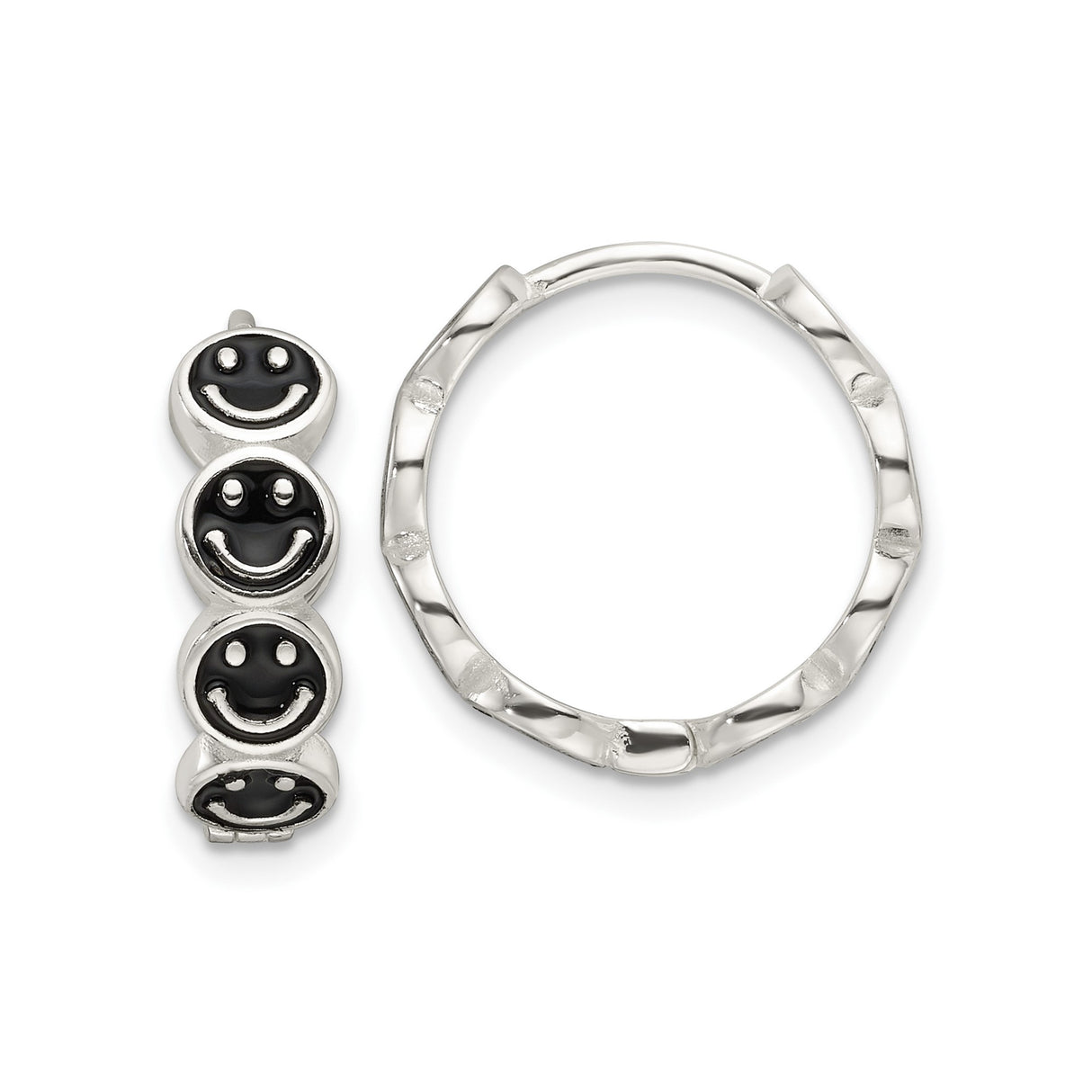 Sterling Silver Hoop Earrings with Black Enamel Smiley Face Charms, Trendy Design for Women and Teens