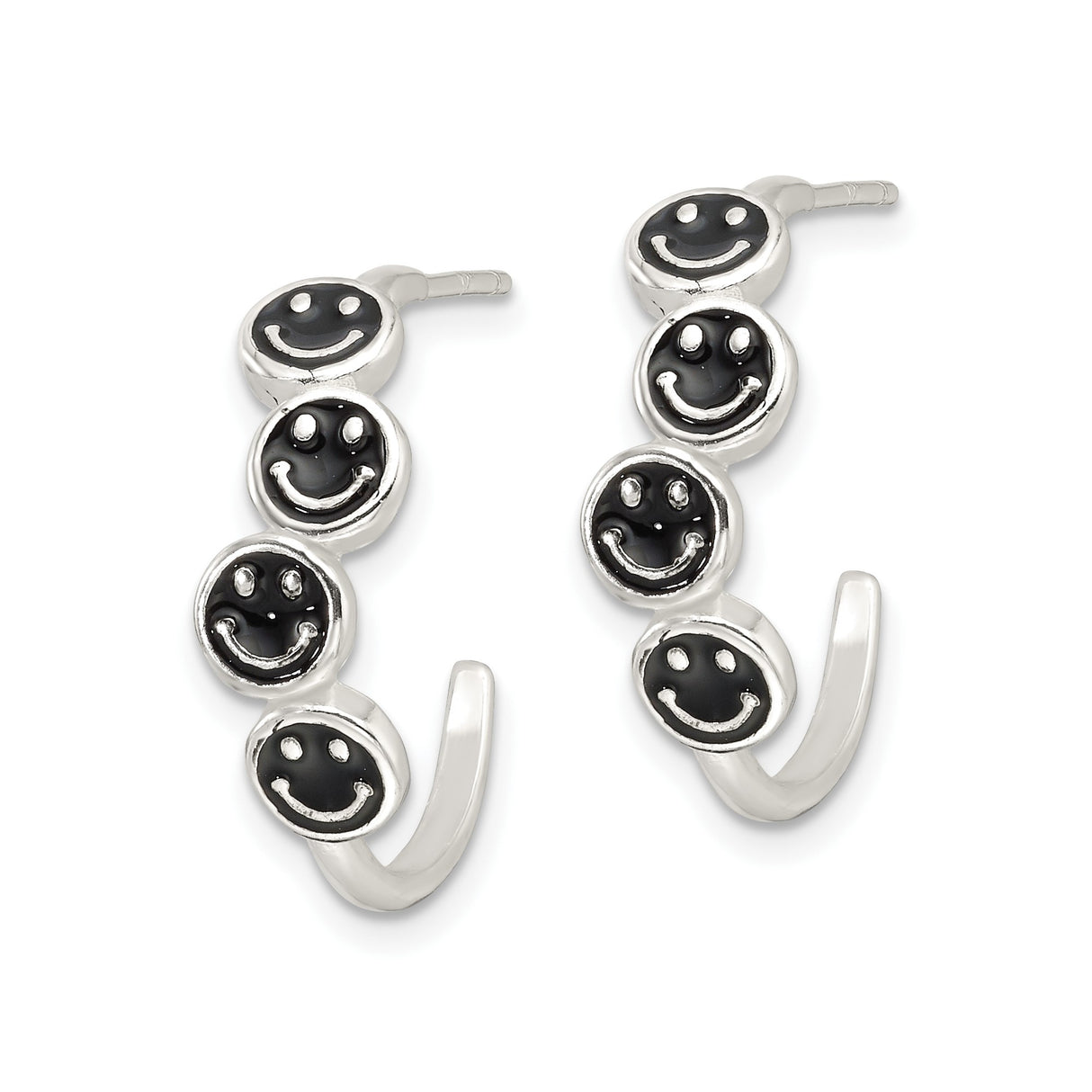 Sterling Silver Hoop Earrings with Black Enamel Smiley Face Charms, Retro Kawaii Style