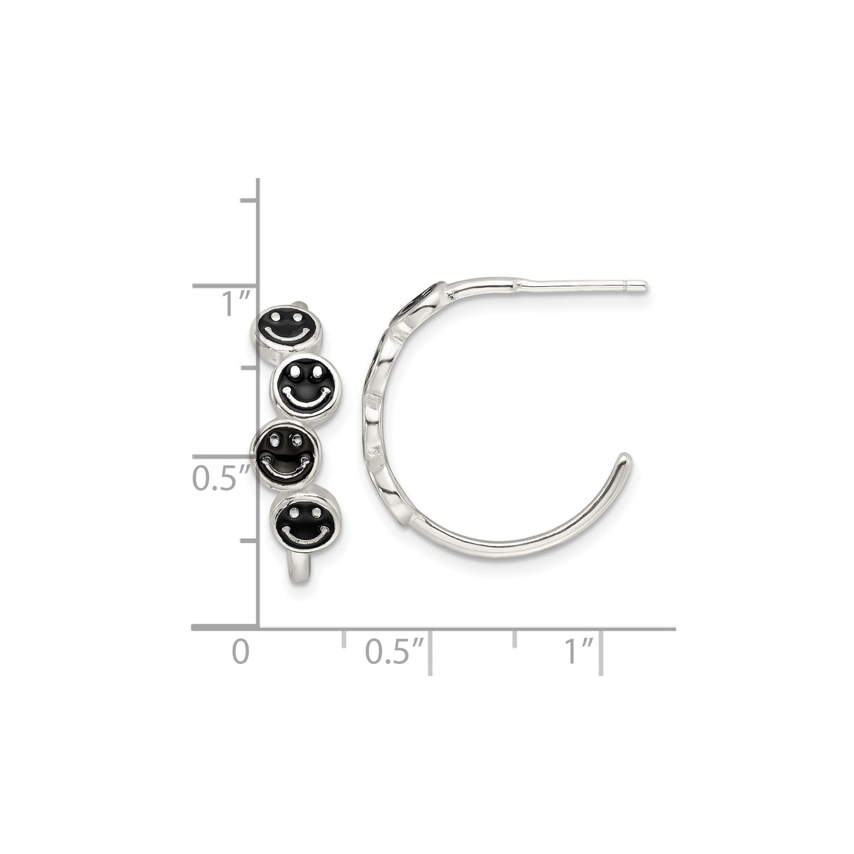 Sterling Silver Hoop Earrings with Black Enamel Smiley Face Charms, Retro Kawaii Style