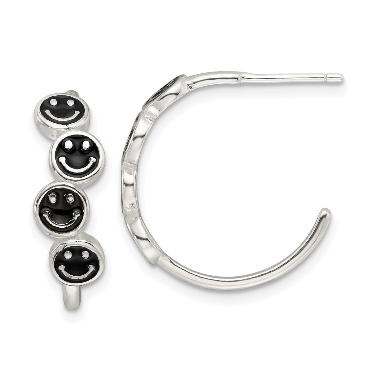 Sterling Silver Hoop Earrings with Black Enamel Smiley Face Charms, Retro Kawaii Style