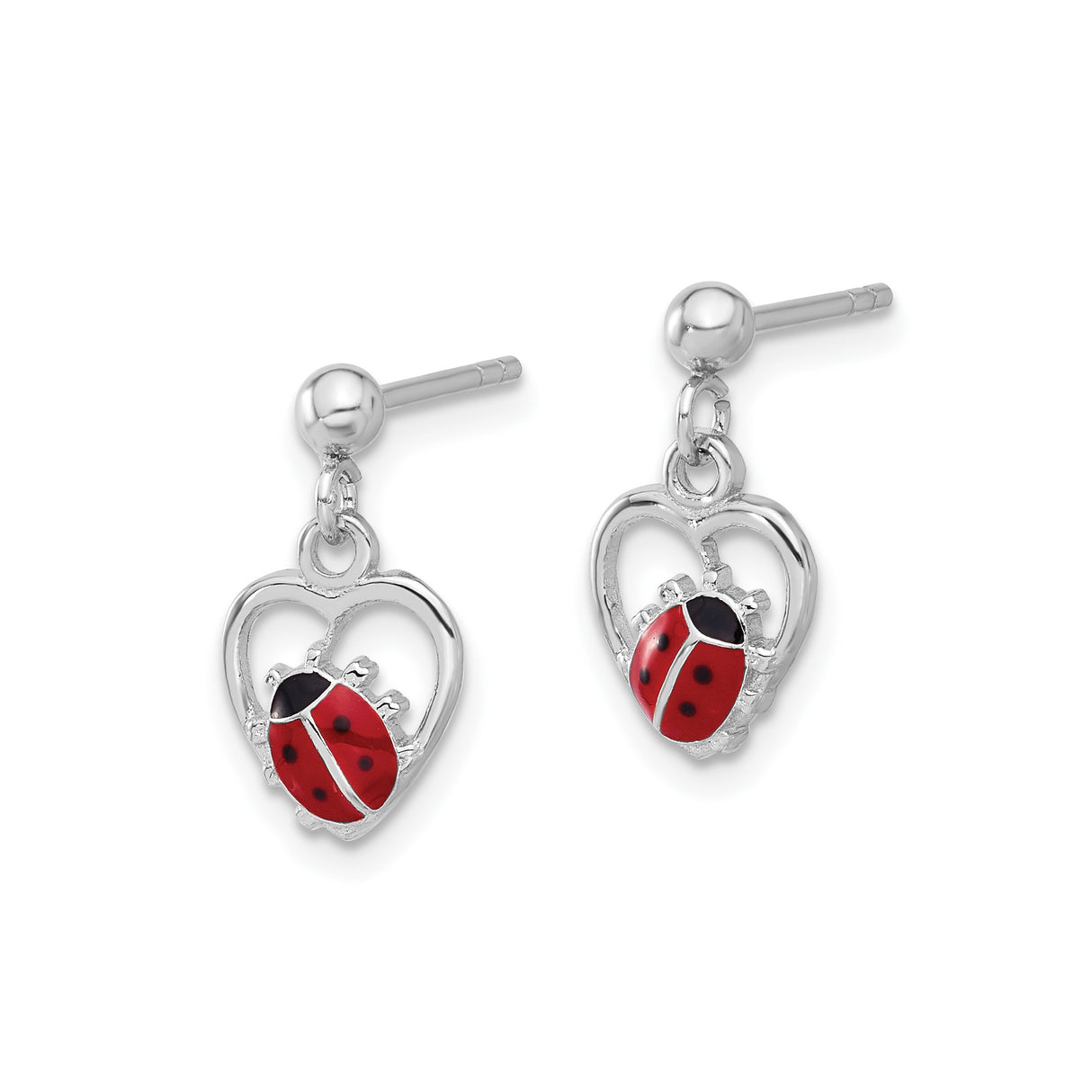 Sterling Silver Ladybug Dangle Earrings with Enamel in Open Heart Frame, Nature-Inspired Design