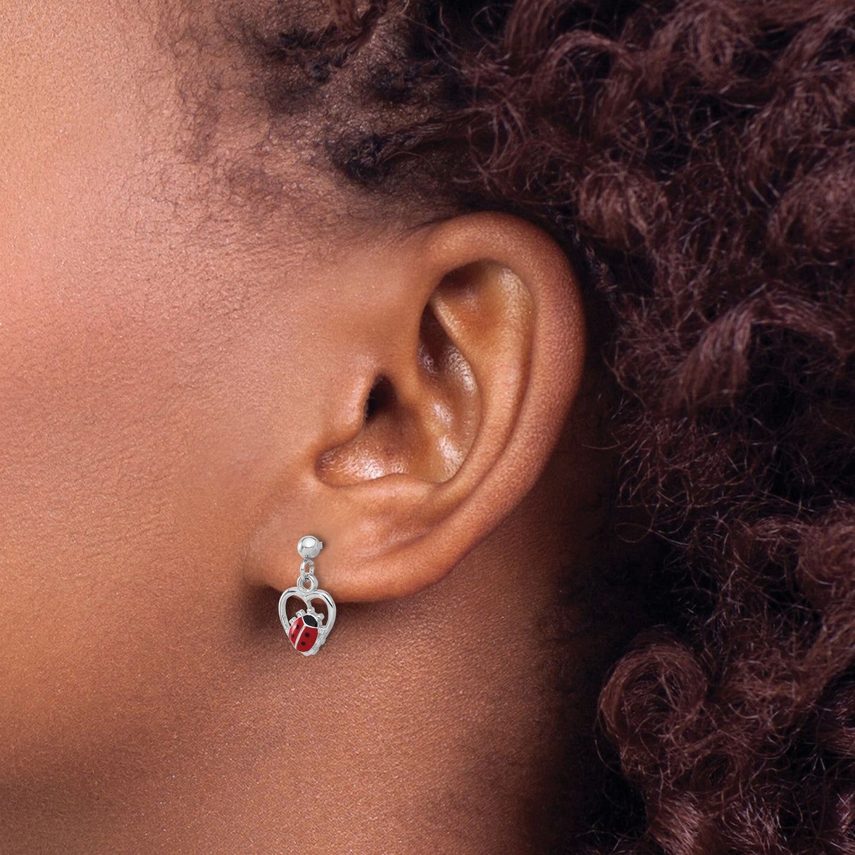 Sterling Silver Ladybug Dangle Earrings with Enamel in Open Heart Frame, Nature-Inspired Design