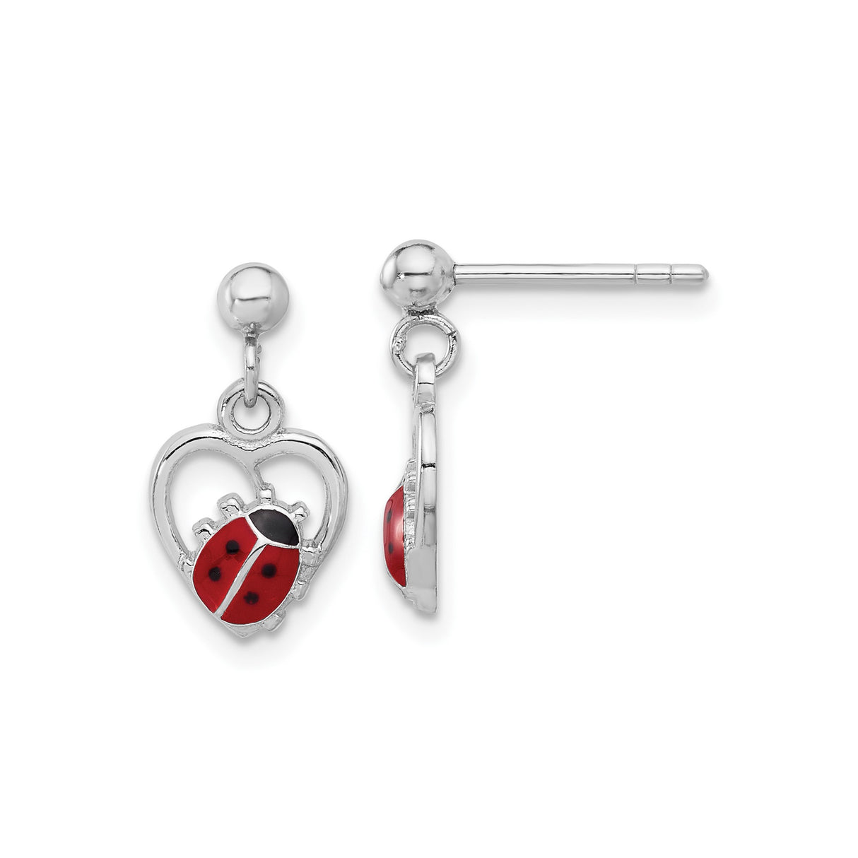 Sterling Silver Ladybug Dangle Earrings with Enamel in Open Heart Frame, Nature-Inspired Design