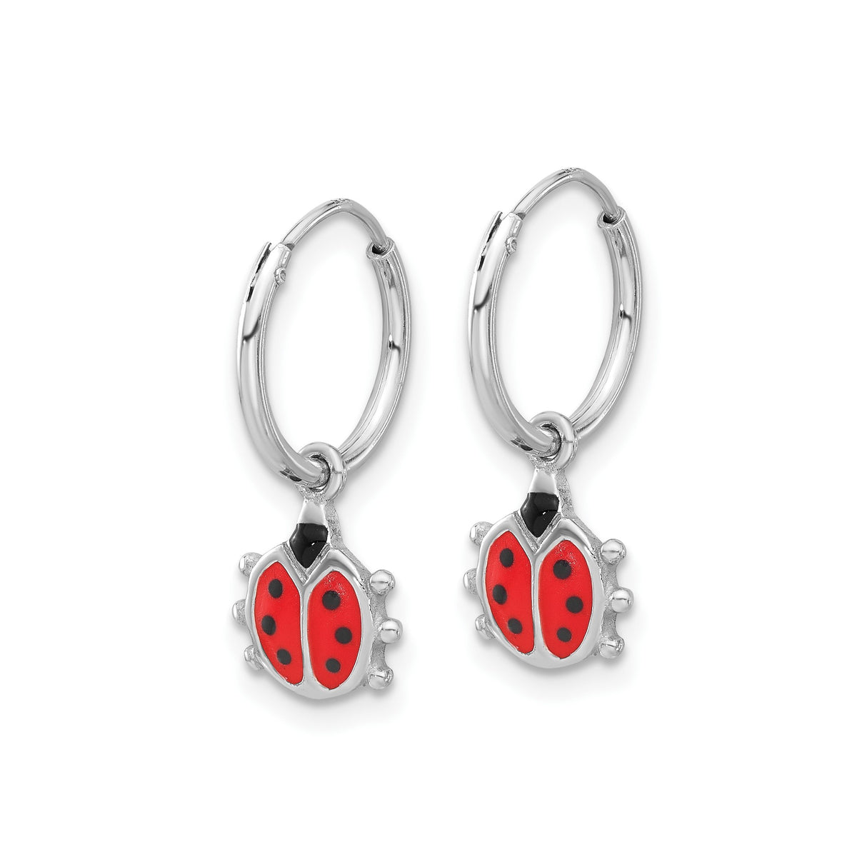 Sterling Silver Hoop Earrings with Enamel Ladybug Charms, Nature-Inspired Dangle Style