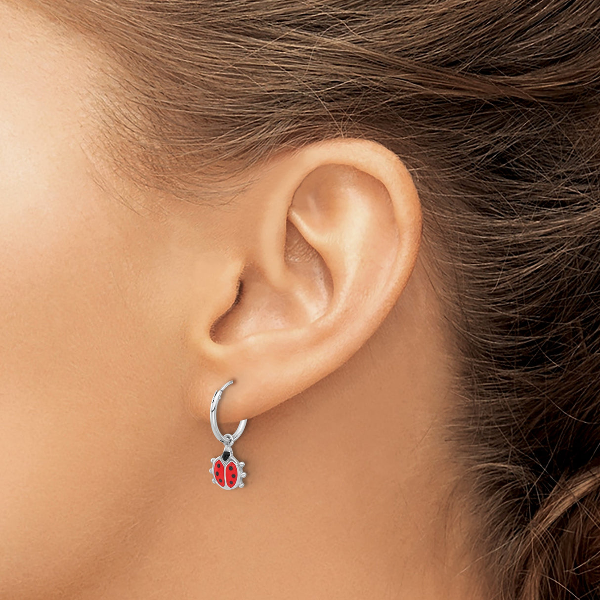Sterling Silver Hoop Earrings with Enamel Ladybug Charms, Nature-Inspired Dangle Style