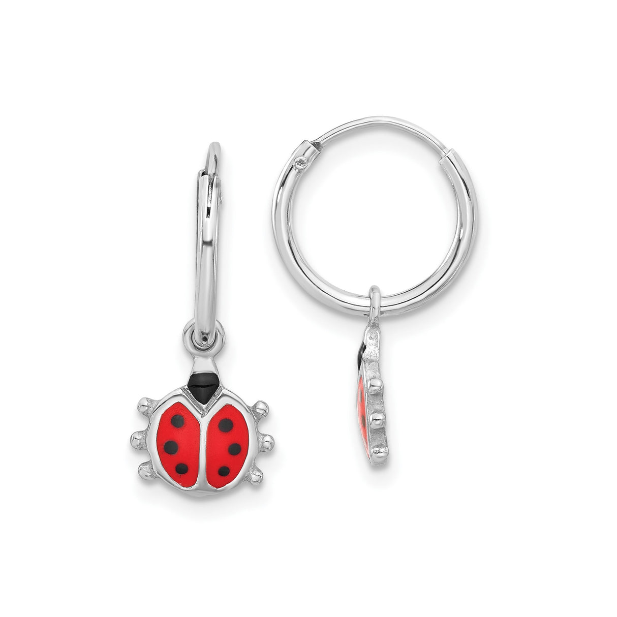 Sterling Silver Hoop Earrings with Enamel Ladybug Charms, Nature-Inspired Dangle Style