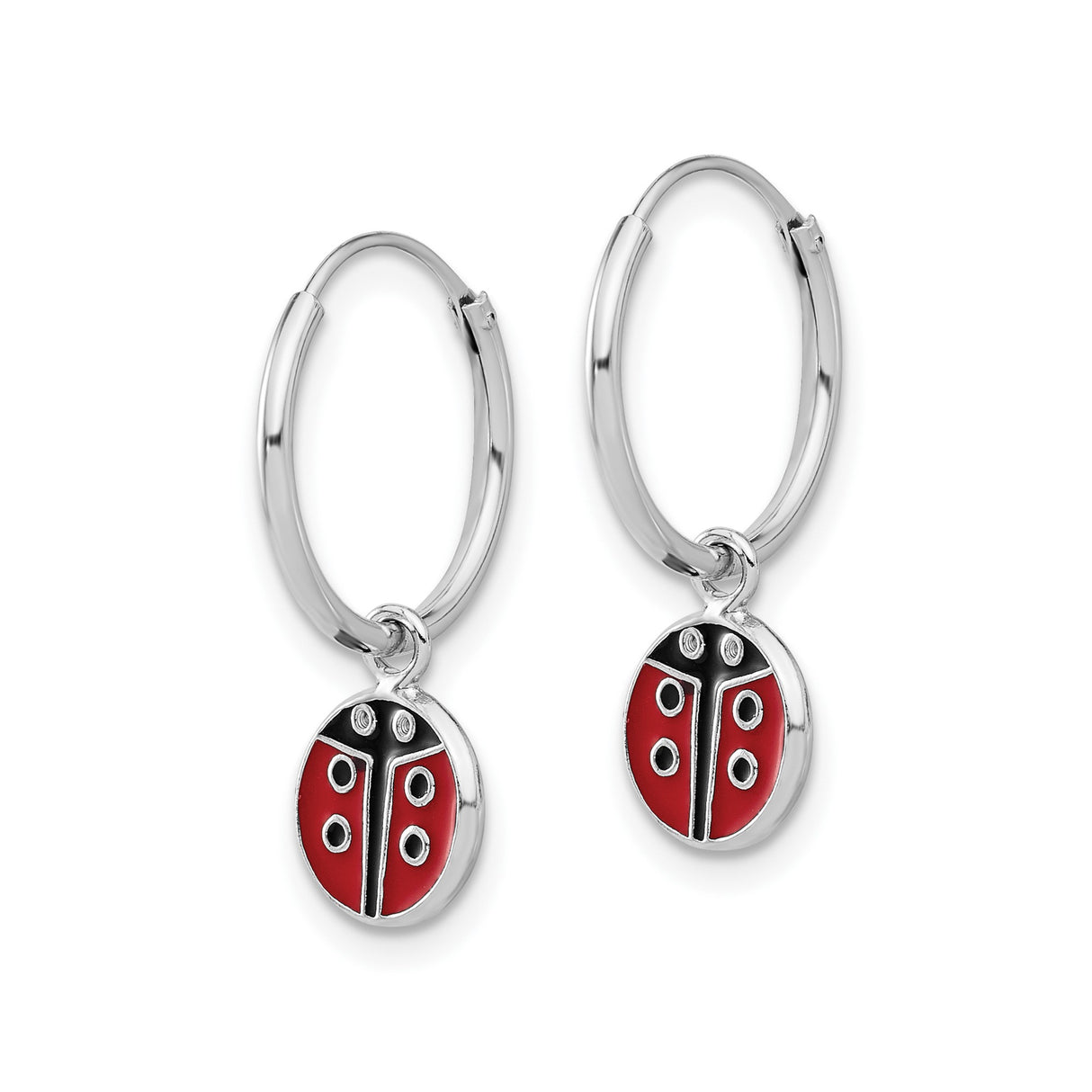 Sterling Silver Hoop Earrings with Red and Black Enamel Ladybug Charms, Nature Motif