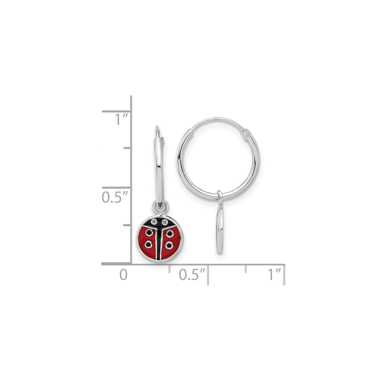 Sterling Silver Hoop Earrings with Red and Black Enamel Ladybug Charms, Nature Motif