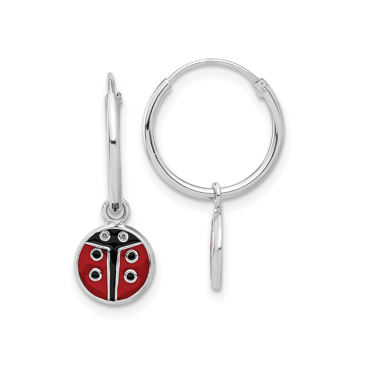 Sterling Silver Hoop Earrings with Red and Black Enamel Ladybug Charms, Nature Motif