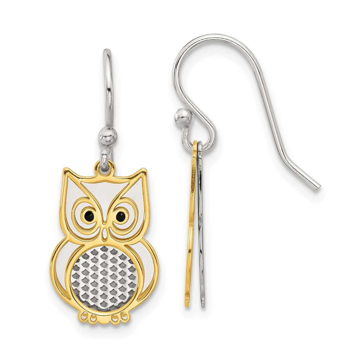 Sterling Silver Owl Dangle Earrings with Gold Accents and Black Enamel