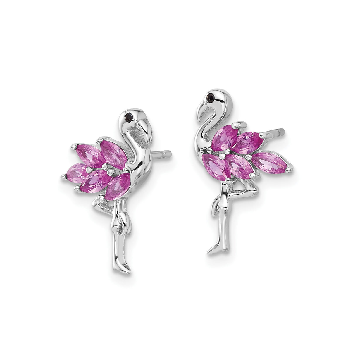 Sterling Silver Flamingo Stud Earrings with Marquise-Cut Pink Crystals and Black Stone Eye
