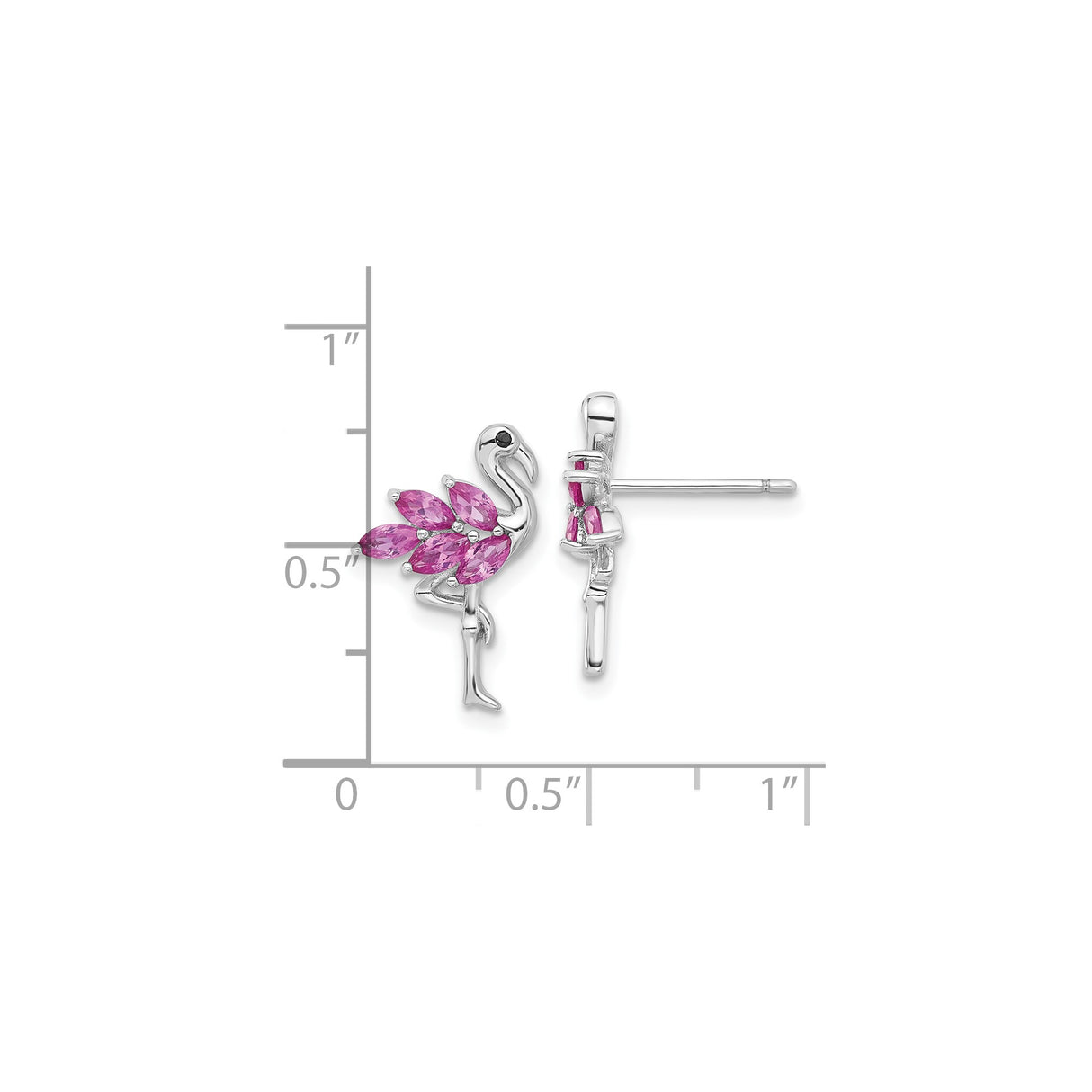 Sterling Silver Flamingo Stud Earrings with Marquise-Cut Pink Crystals and Black Stone Eye