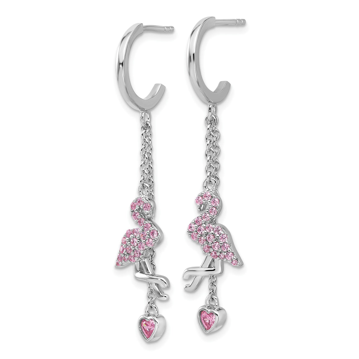 Sterling Silver Flamingo Dangle Earrings with Pink Cubic Zirconia Heart Drops, Animal Charm Design