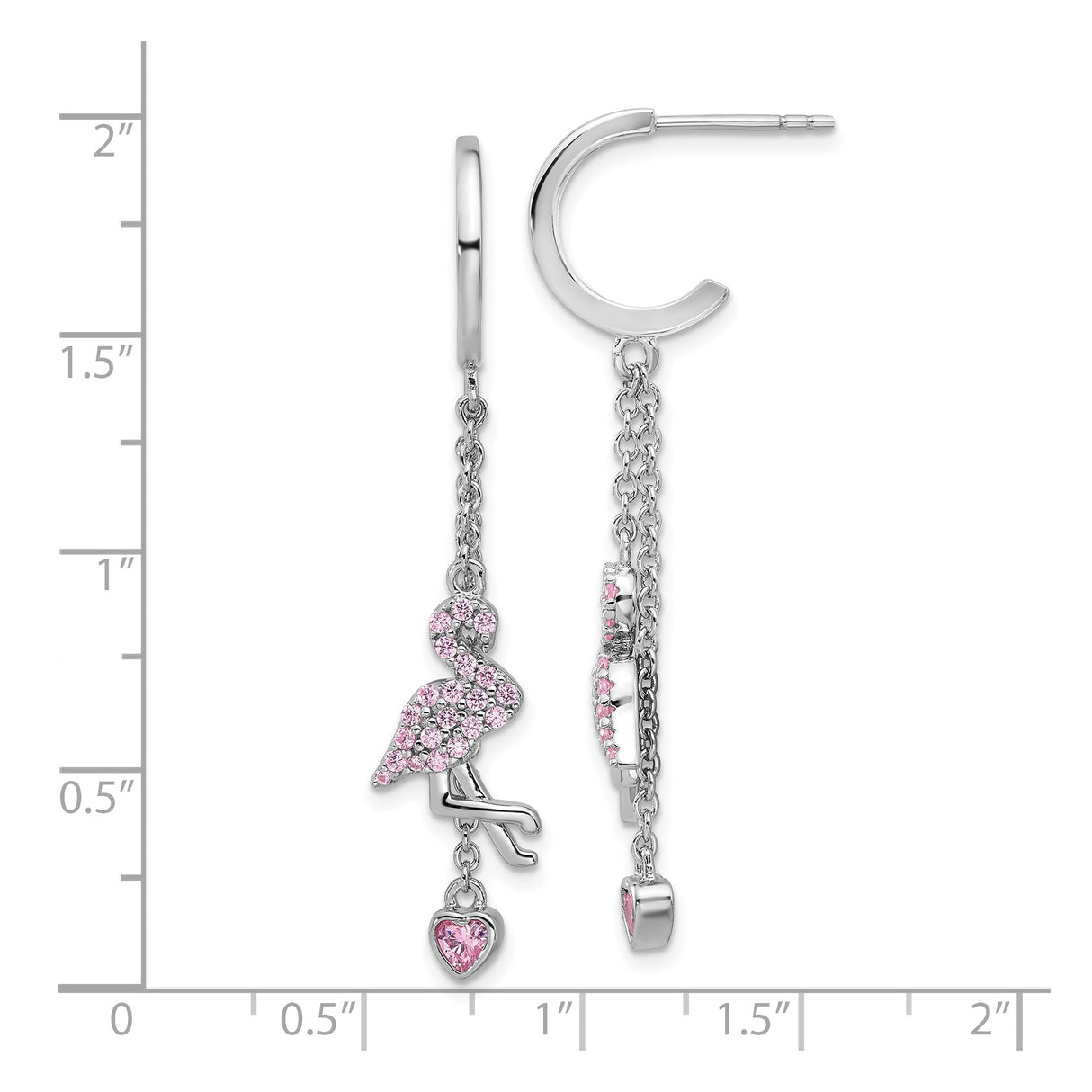 Sterling Silver Flamingo Dangle Earrings with Pink Cubic Zirconia Heart Drops, Animal Charm Design