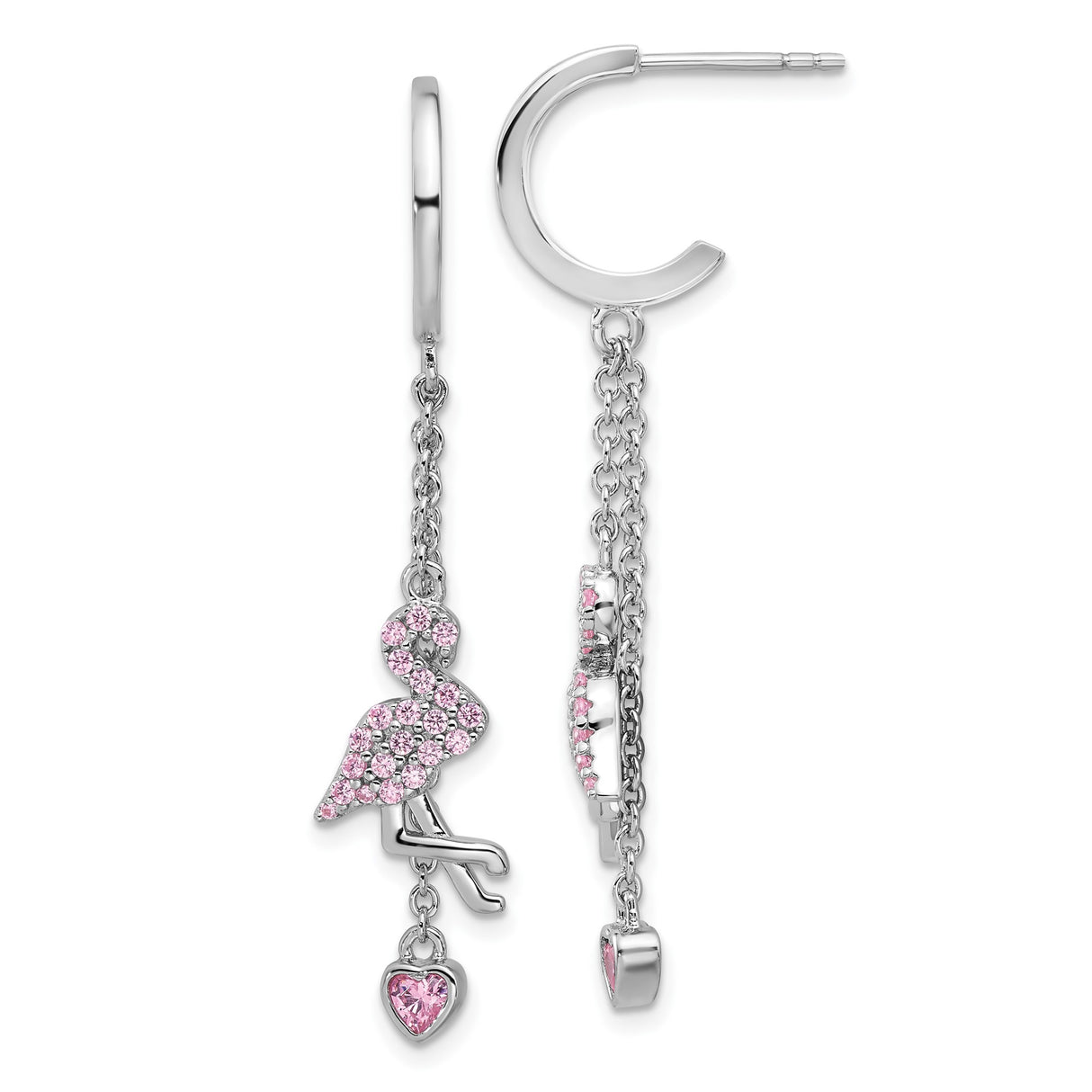 Sterling Silver Flamingo Dangle Earrings with Pink Cubic Zirconia Heart Drops, Animal Charm Design