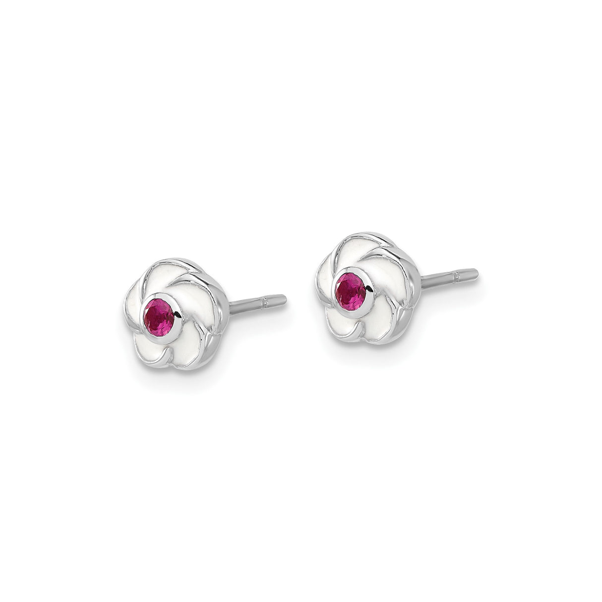 Sterling Silver Flower Stud Earrings with Pink Cubic Zirconia Center, Floral Swirl Design