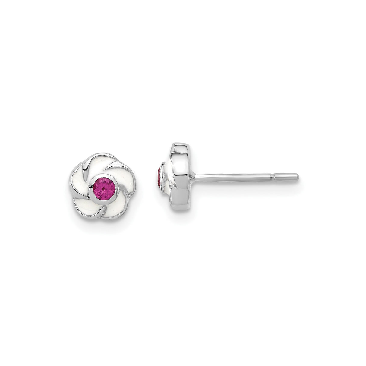Sterling Silver Flower Stud Earrings with Pink Cubic Zirconia Center, Floral Swirl Design