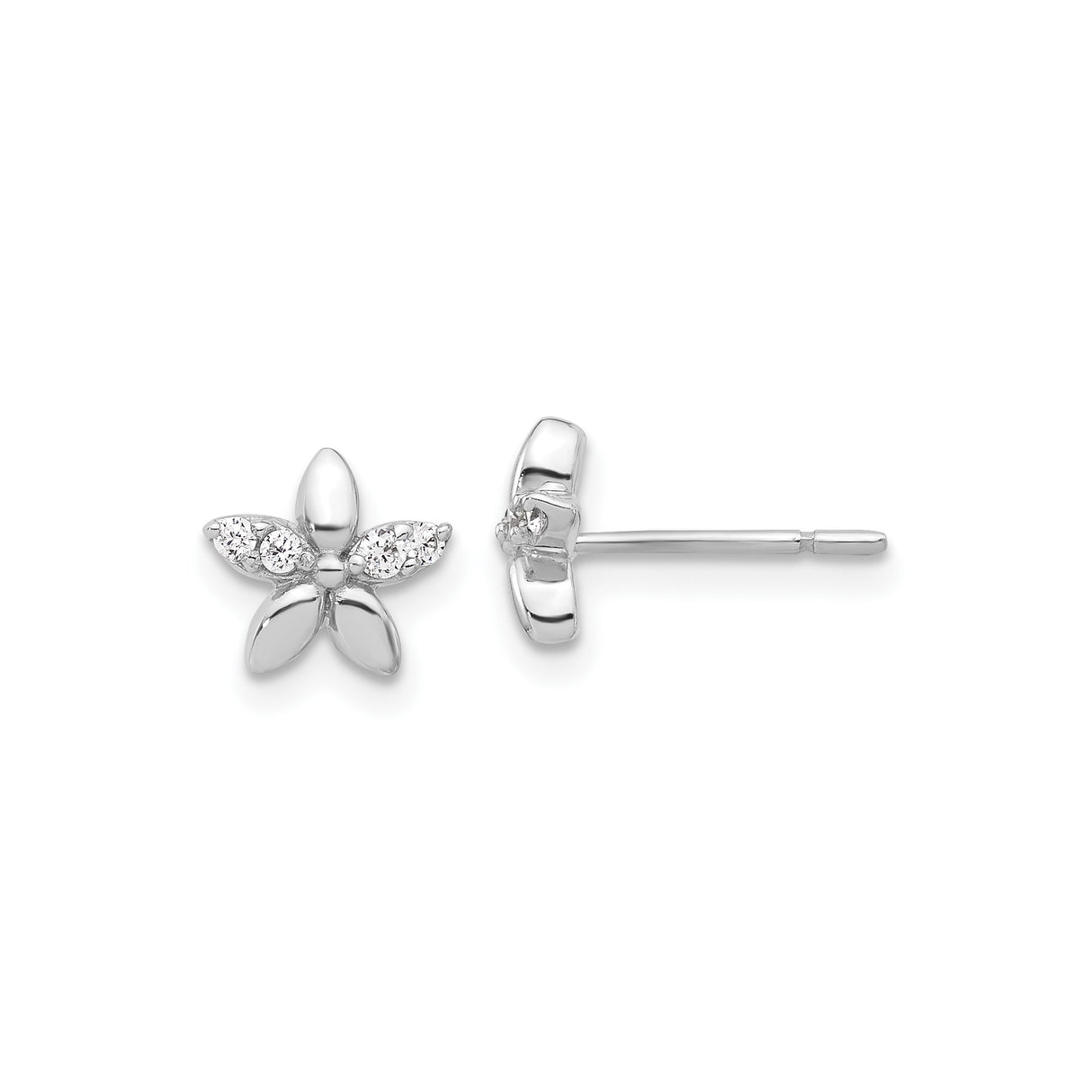 Sterling Silver Flower Stud Earrings with Cubic Zirconia, Five Petal Design for Women