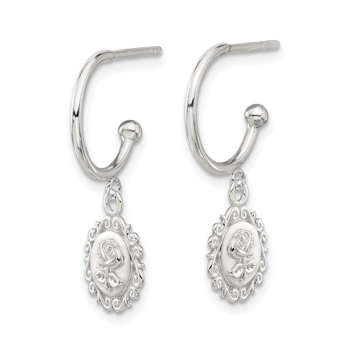 Sterling Silver Dangle Hoop Earrings with Round Rose Medallion and Scroll Floral Design