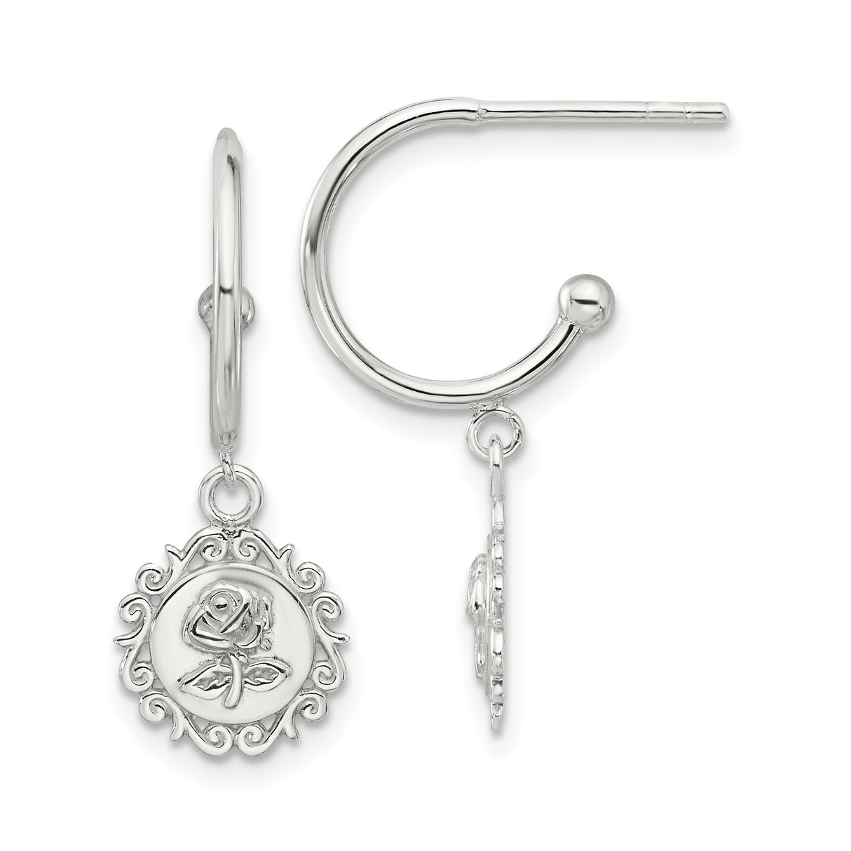 Sterling Silver Dangle Hoop Earrings with Round Rose Medallion and Scroll Floral Design