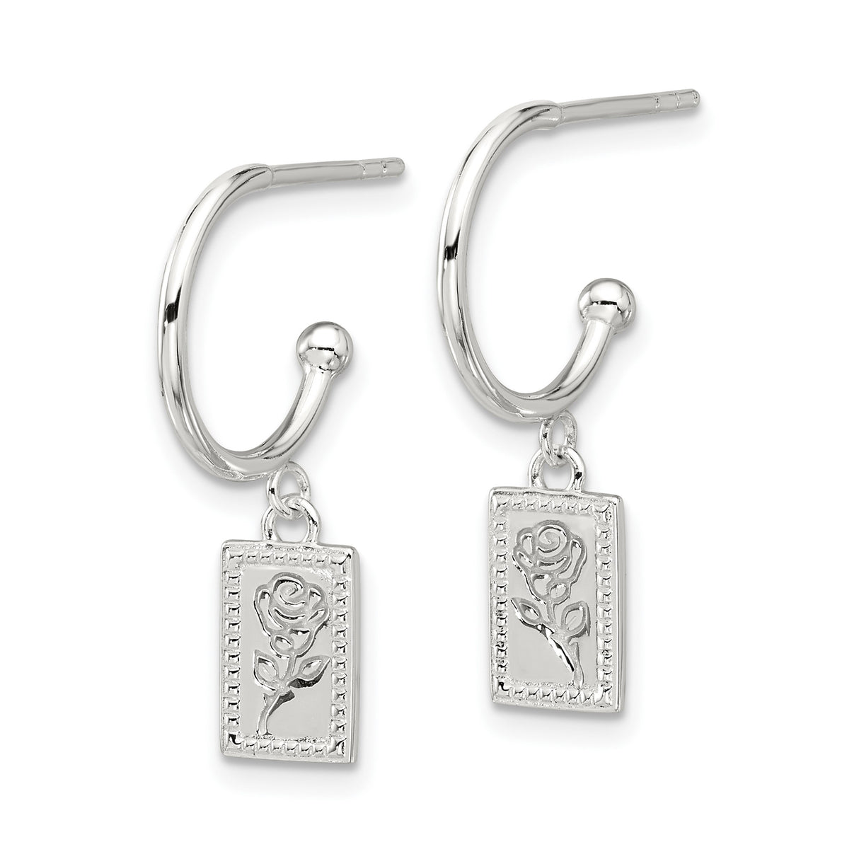Sterling Silver Hoop Earrings with Rectangular Rose Cutout Charm and Beaded Border