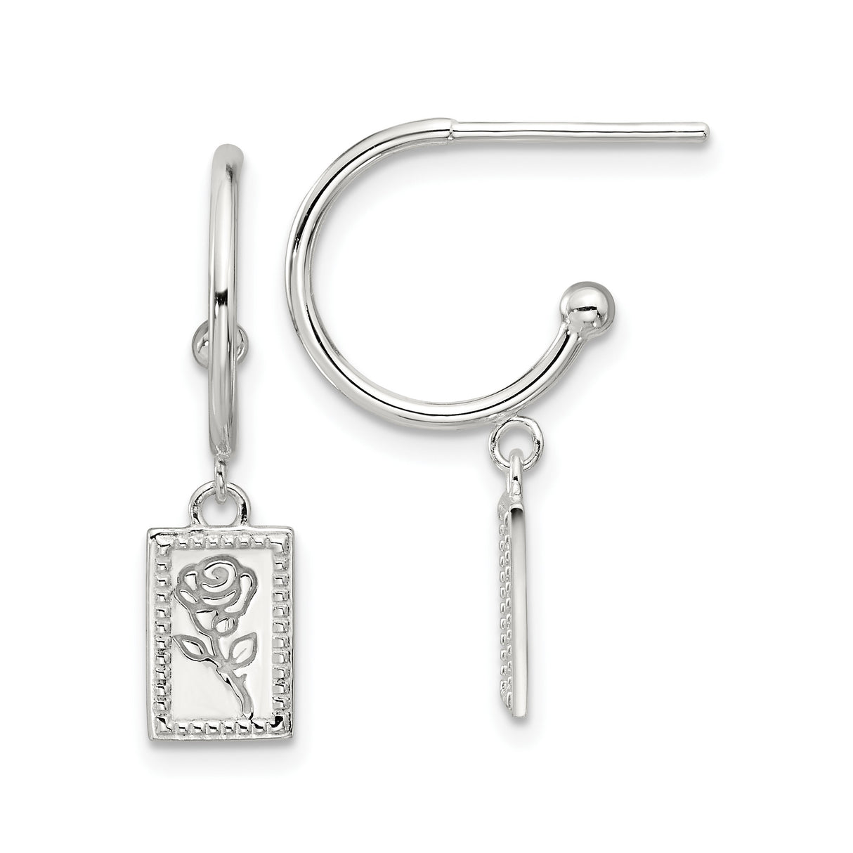 Sterling Silver Hoop Earrings with Rectangular Rose Cutout Charm and Beaded Border