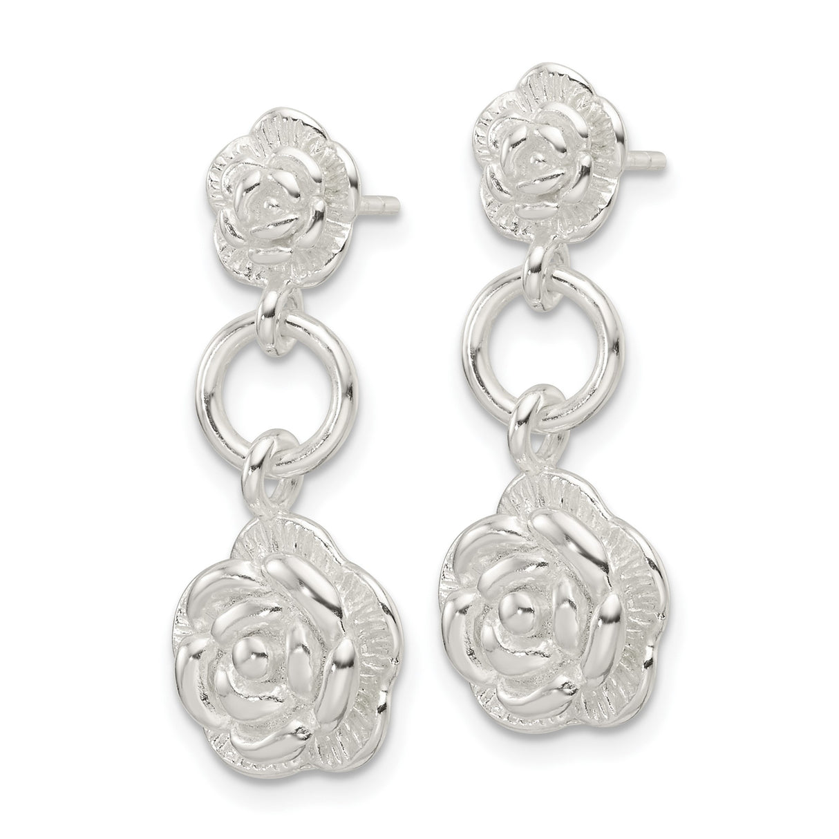 Sterling Silver Dangle Earrings with Linked Rose Flower Motifs, Romantic Floral Design