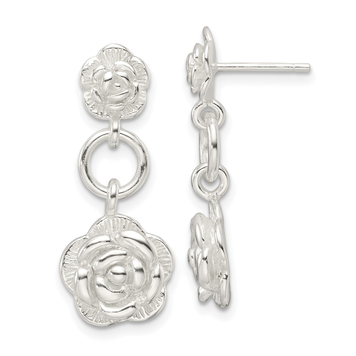 Sterling Silver Dangle Earrings with Linked Rose Flower Motifs, Romantic Floral Design