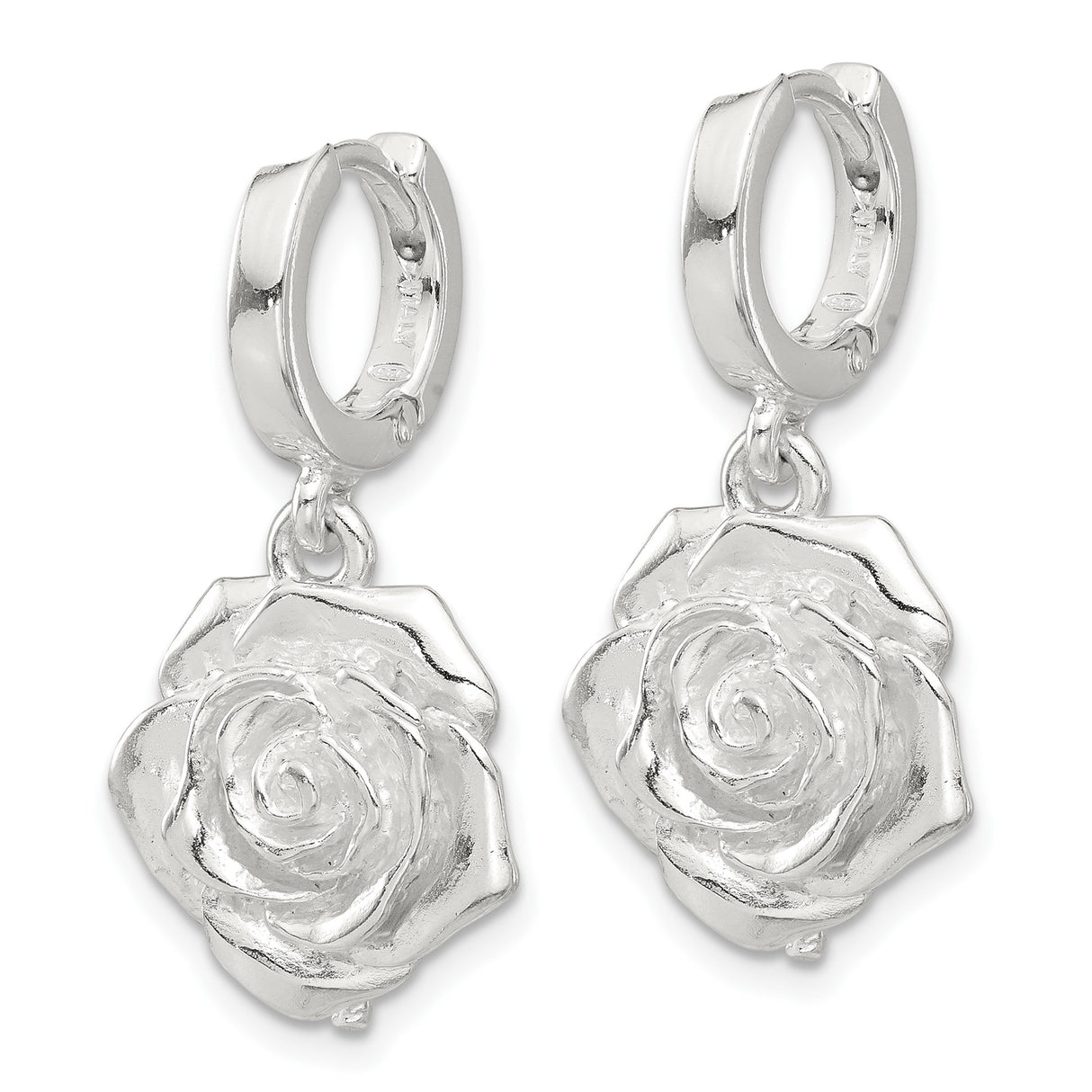Sterling Silver Hoop Earrings with 3D Rose Flower Charm, Romantic Floral Design for Women