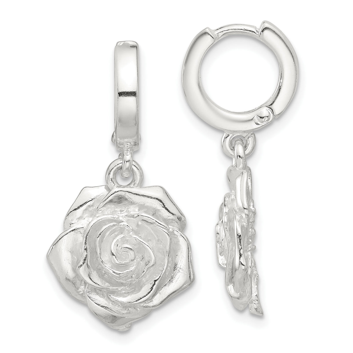 Sterling Silver Hoop Earrings with 3D Rose Flower Charm, Romantic Floral Design for Women