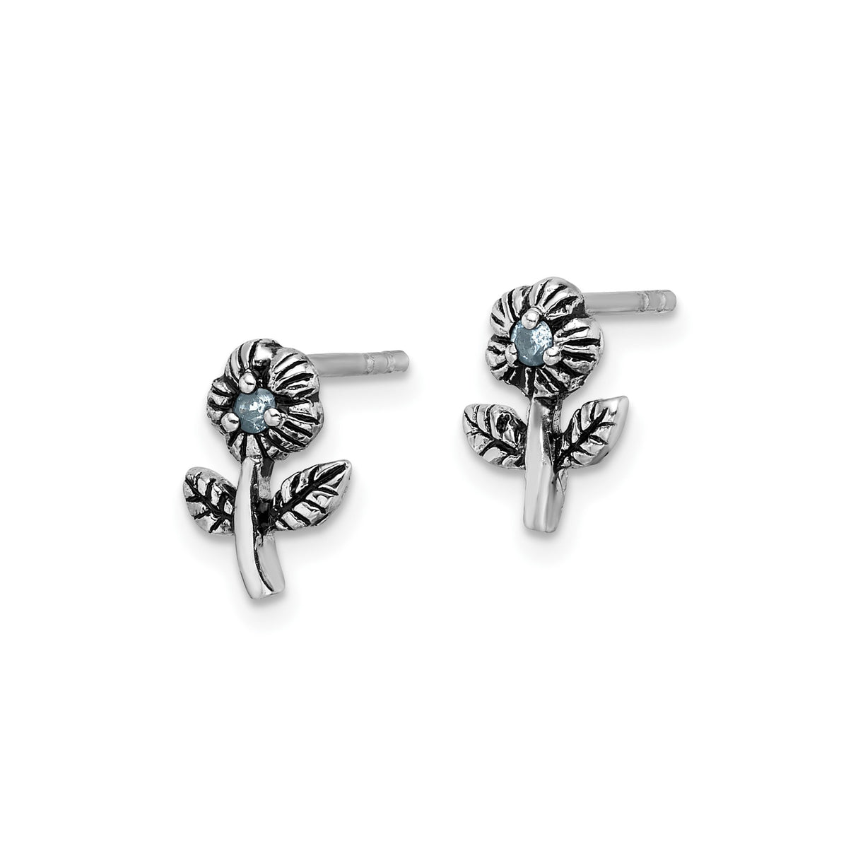 Sterling Silver Flower Stud Earrings with Light Blue Cubic Zirconia Center, Textured Petals and Leaves