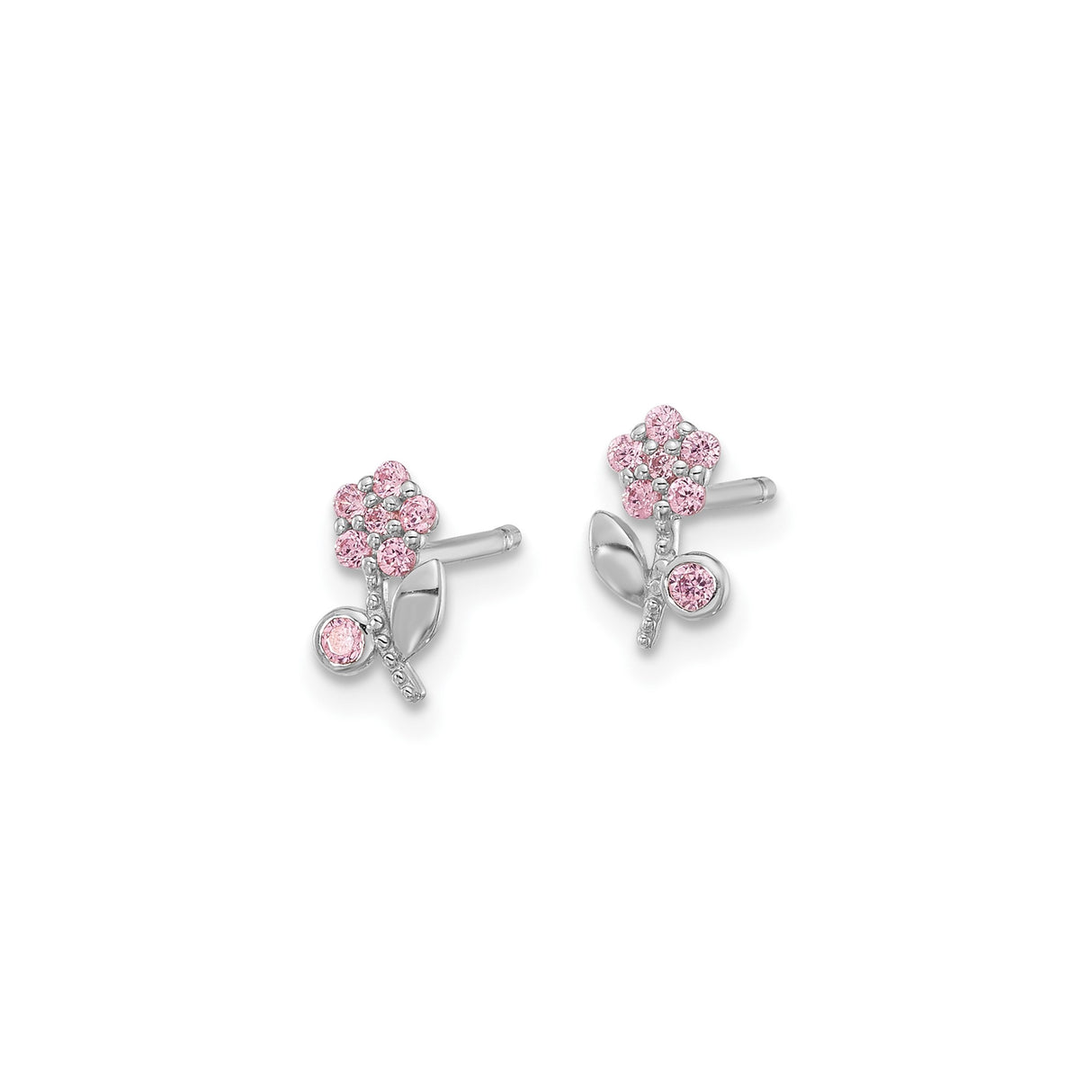 Sterling Silver Flower Stud Earrings with Pink Cubic Zirconia Petals, Botanical Design