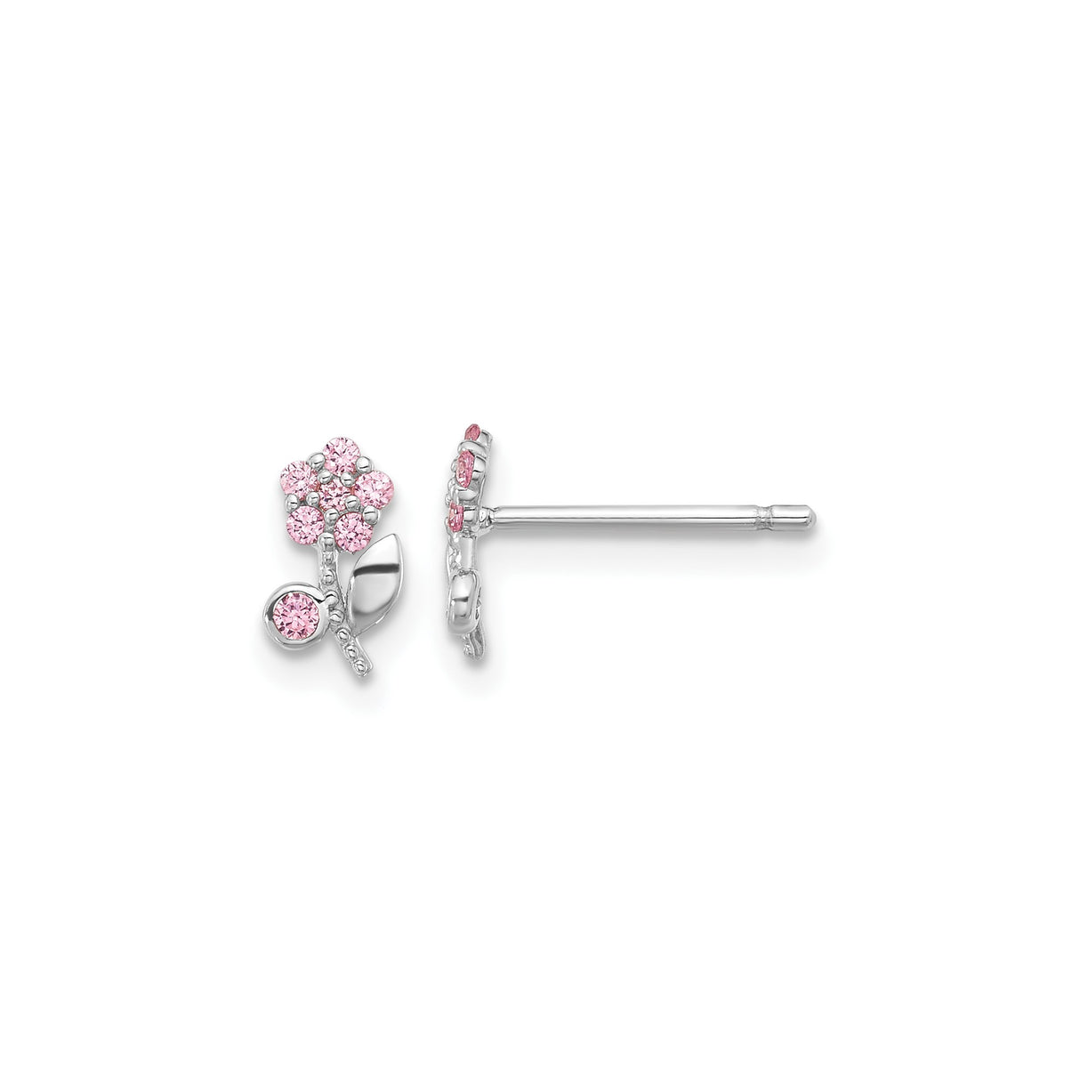 Sterling Silver Flower Stud Earrings with Pink Cubic Zirconia Petals, Botanical Design