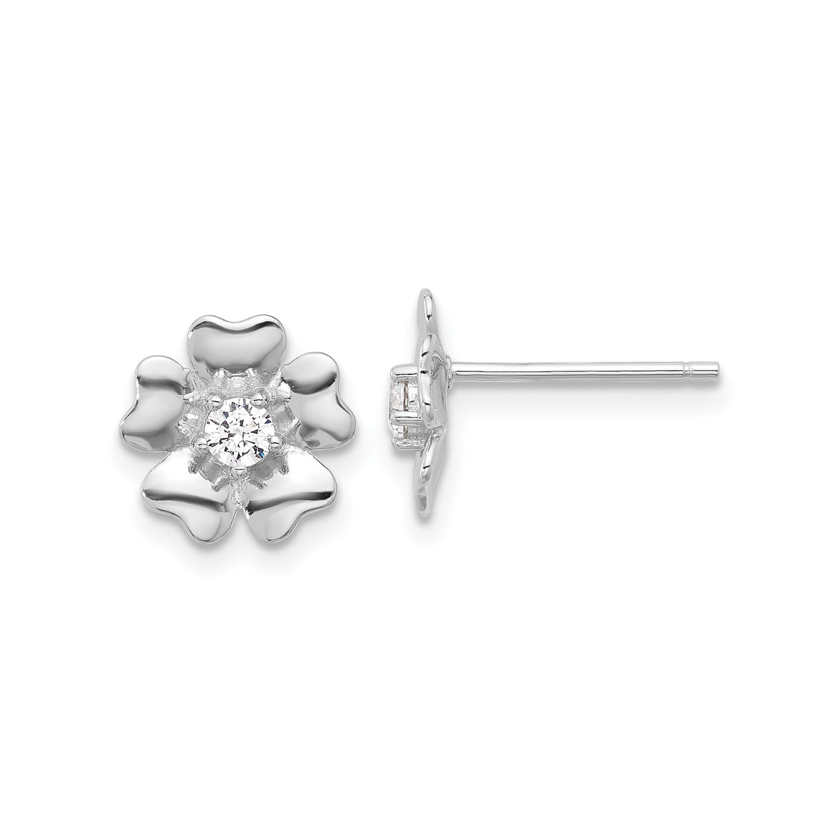 Sterling Silver Flower Stud Earrings with Cubic Zirconia Center, Five Petal Design