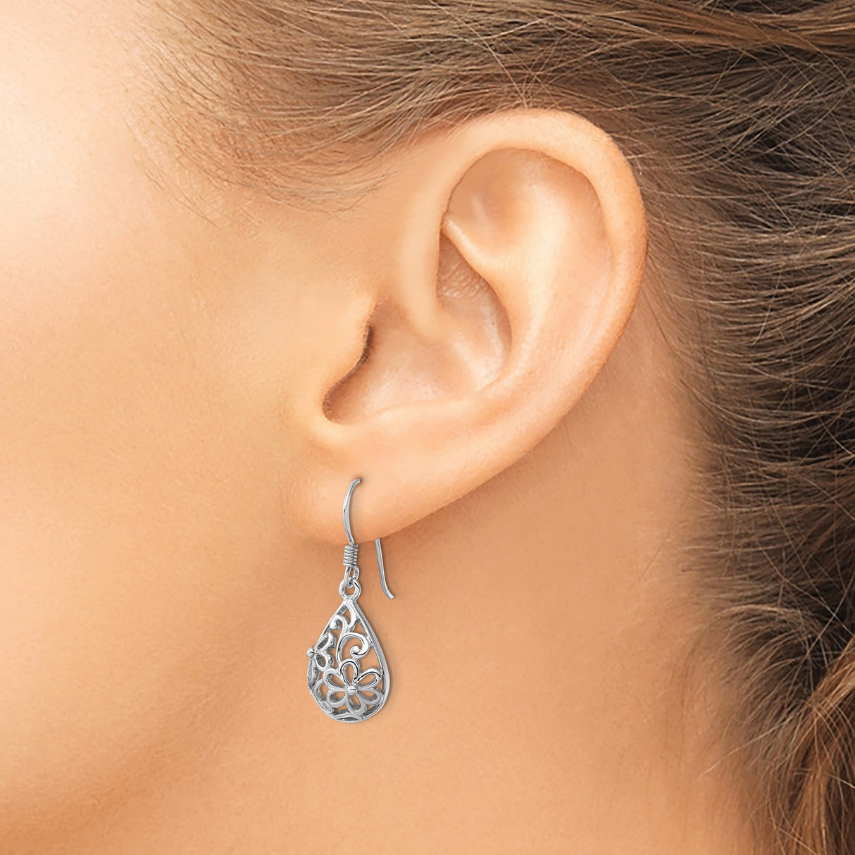 Sterling Silver Teardrop Dangle Earrings with Floral Scroll Filigree Design for Women