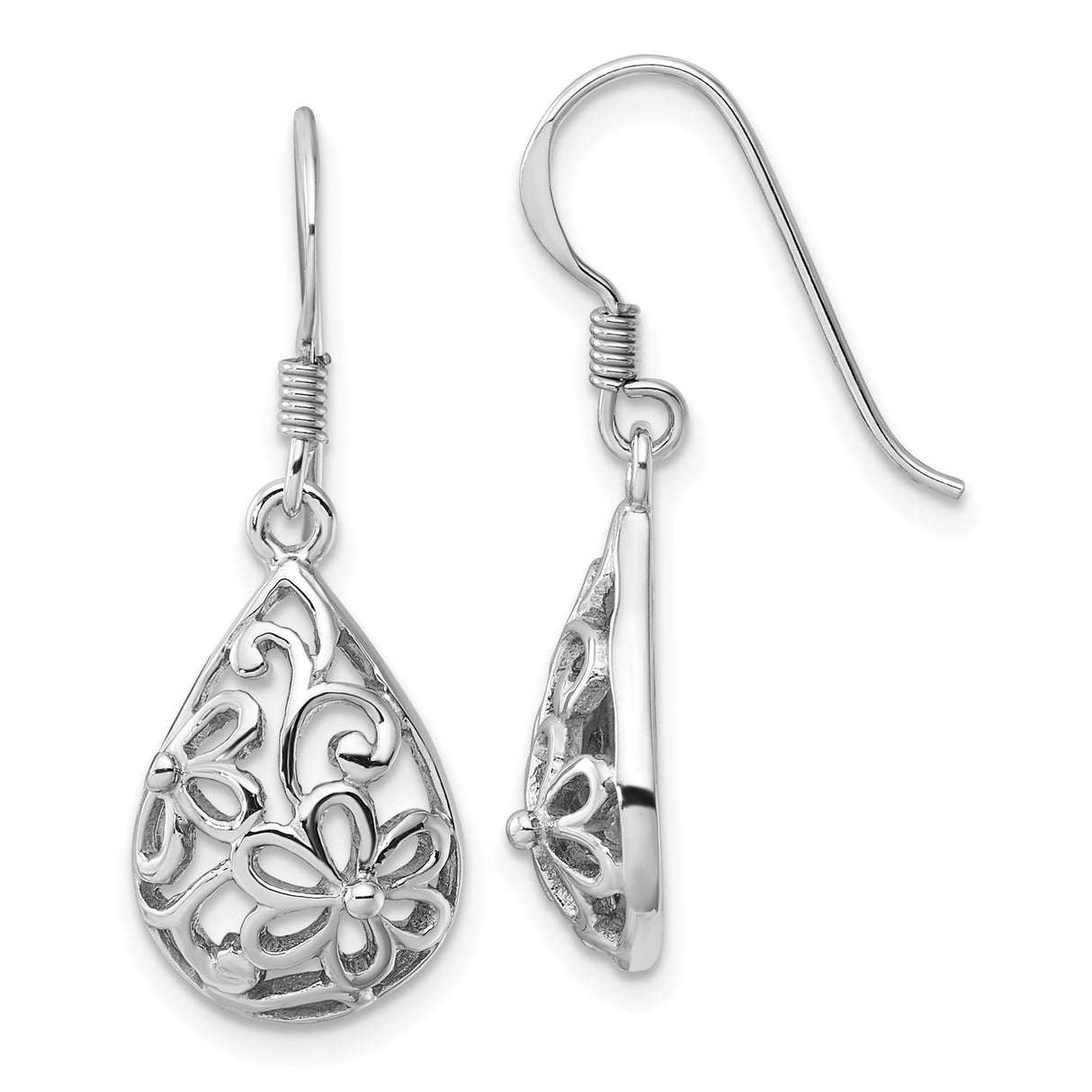 Sterling Silver Teardrop Dangle Earrings with Floral Scroll Filigree Design for Women