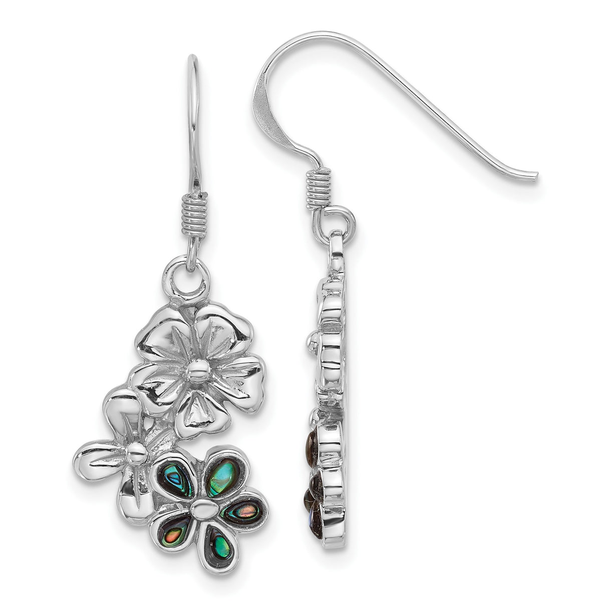 Sterling Silver Dangle Earrings with Abalone Shell, Triple Flower Boho Floral Design for Women
