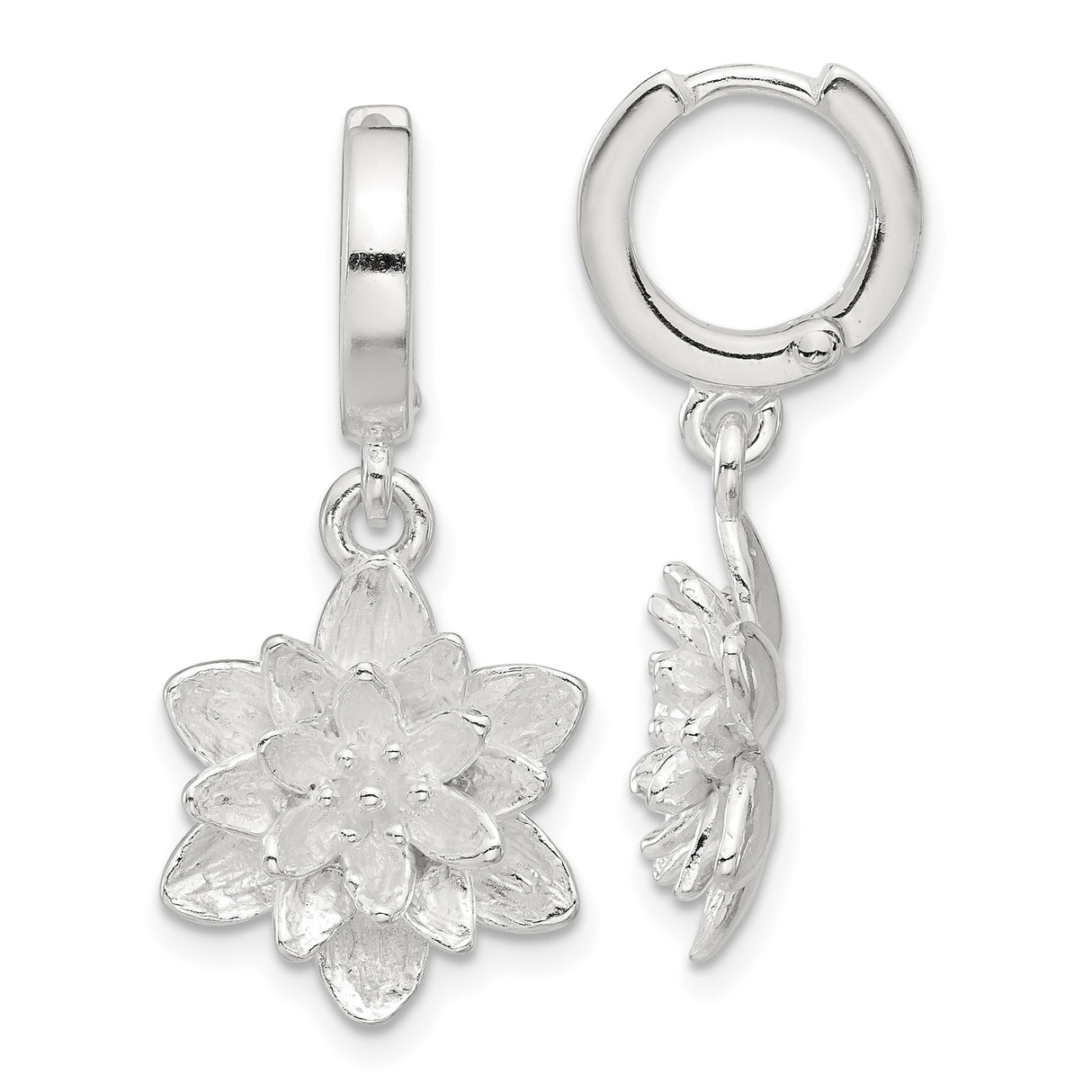 Sterling Silver Lotus Flower Hoop Earrings with Layered Floral Design, Boho Dangle Style