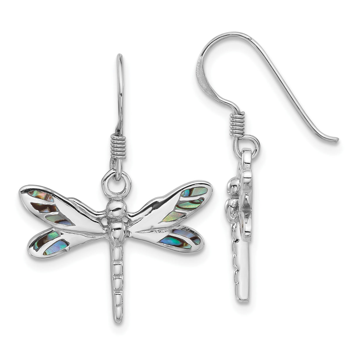 Sterling Silver Dragonfly Dangle Earrings with Abalone Shell Inlay, Nature Inspired Jewelry