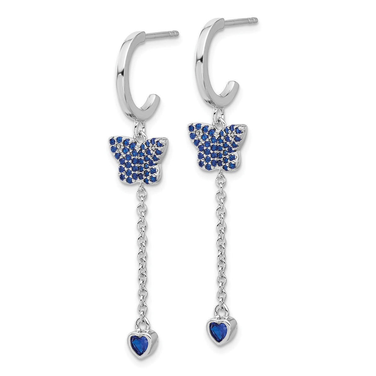 Sterling Silver Drop Earrings with Blue Cubic Zirconia, Butterfly and Heart Charms