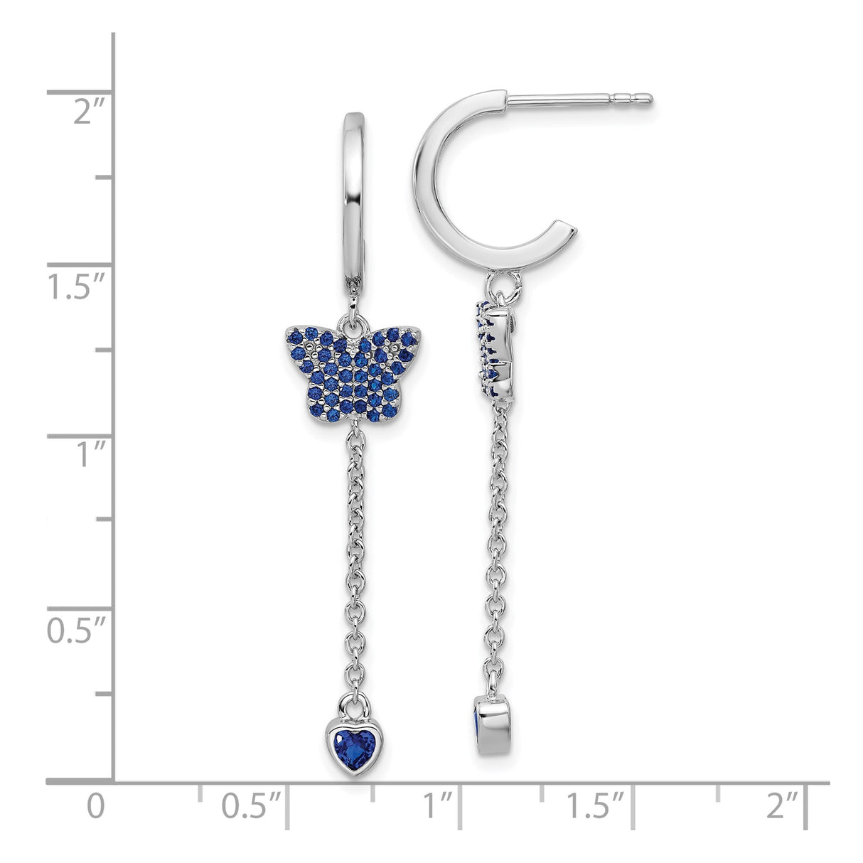 Sterling Silver Drop Earrings with Blue Cubic Zirconia, Butterfly and Heart Charms