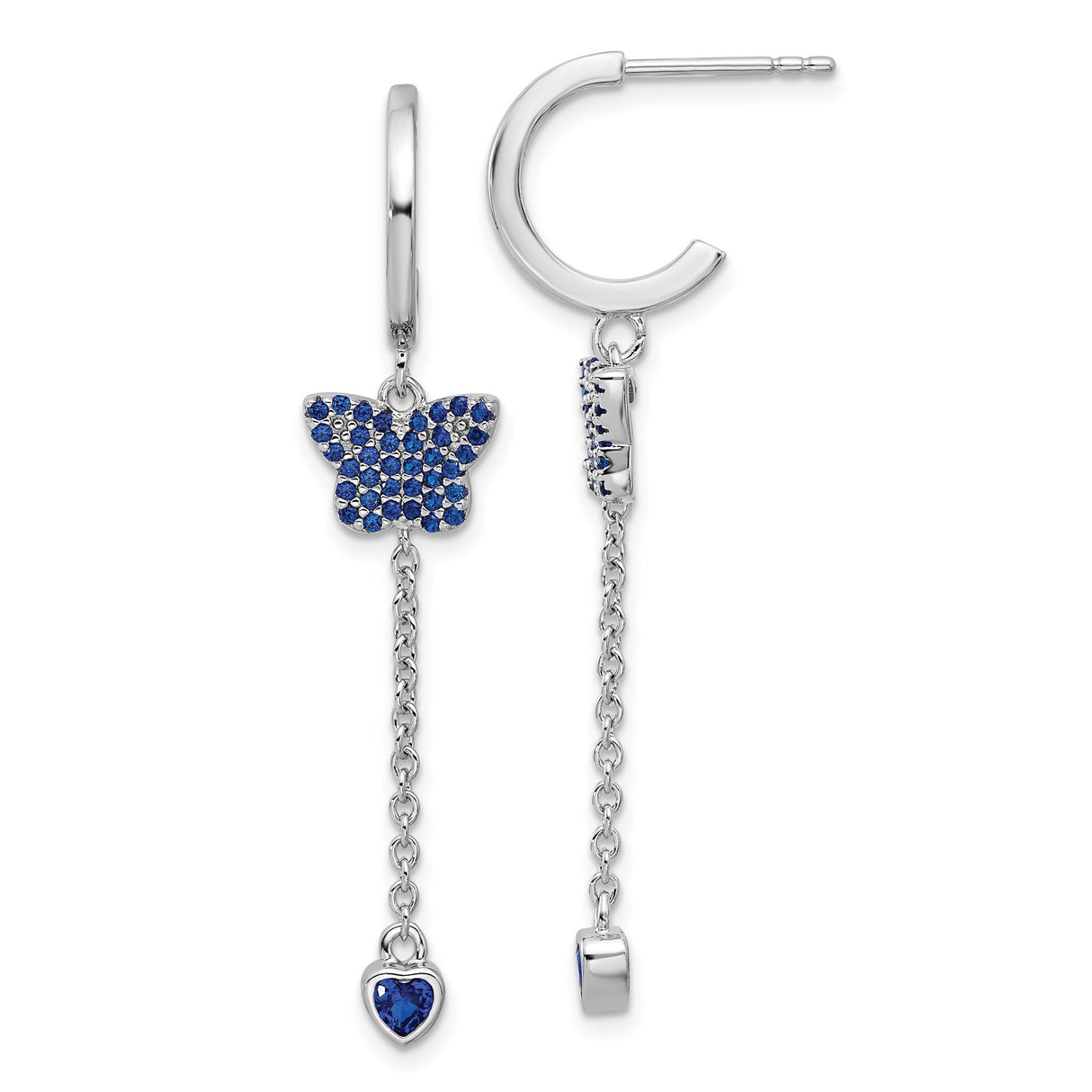 Sterling Silver Drop Earrings with Blue Cubic Zirconia, Butterfly and Heart Charms