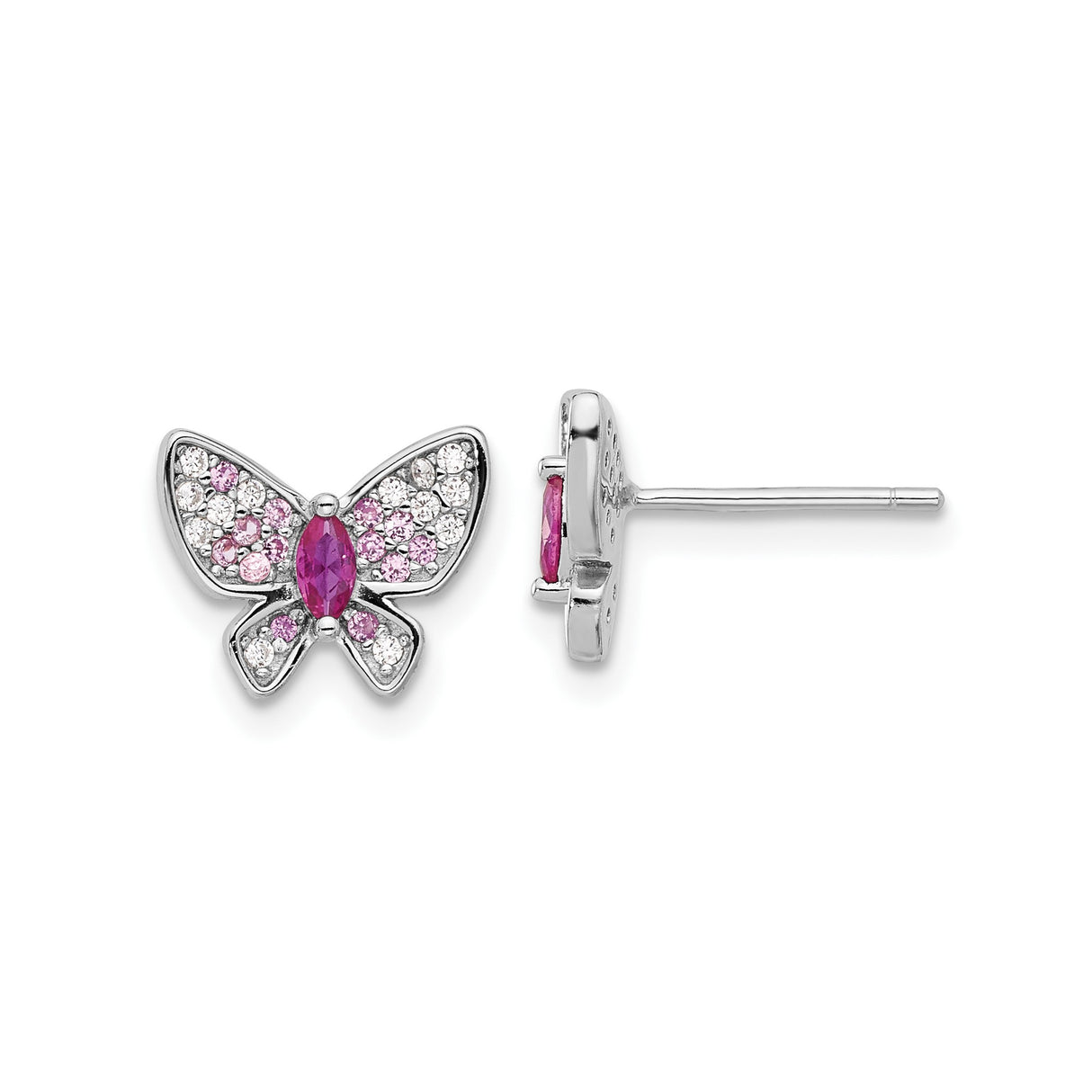 Sterling Silver Butterfly Stud Earrings with Pink and White Cubic Zirconia Pavé Design