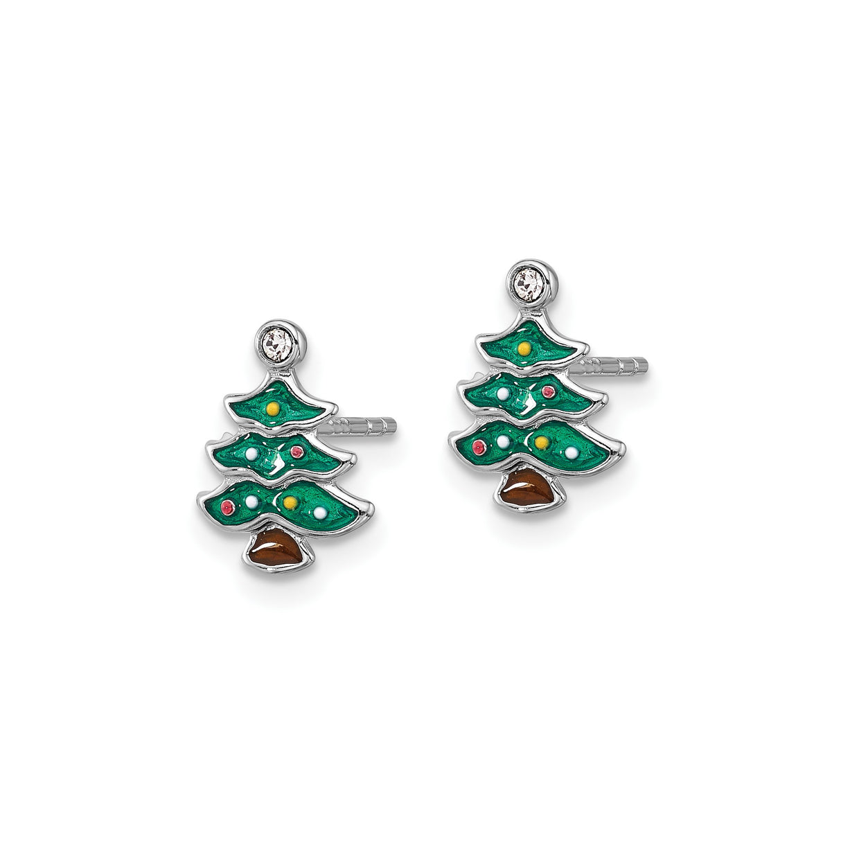 Sterling Silver Christmas Tree Earrings with Green Enamel and Crystal Star