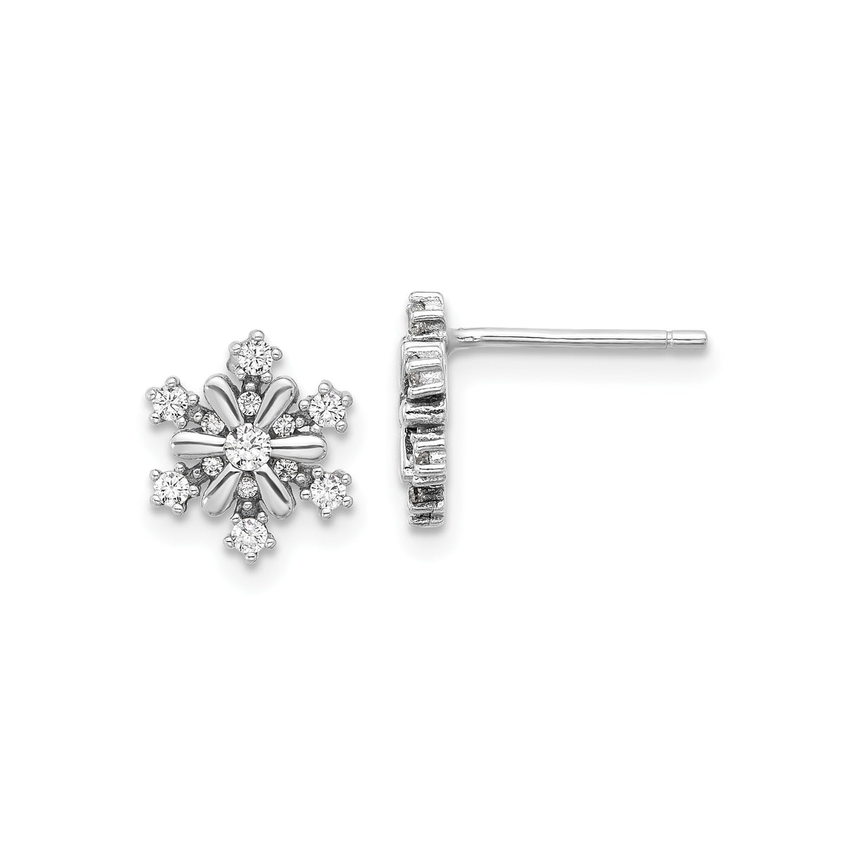 Sterling Silver Snowflake Stud Earrings with Clear Cubic Zirconia Accents, Winter Floral Design