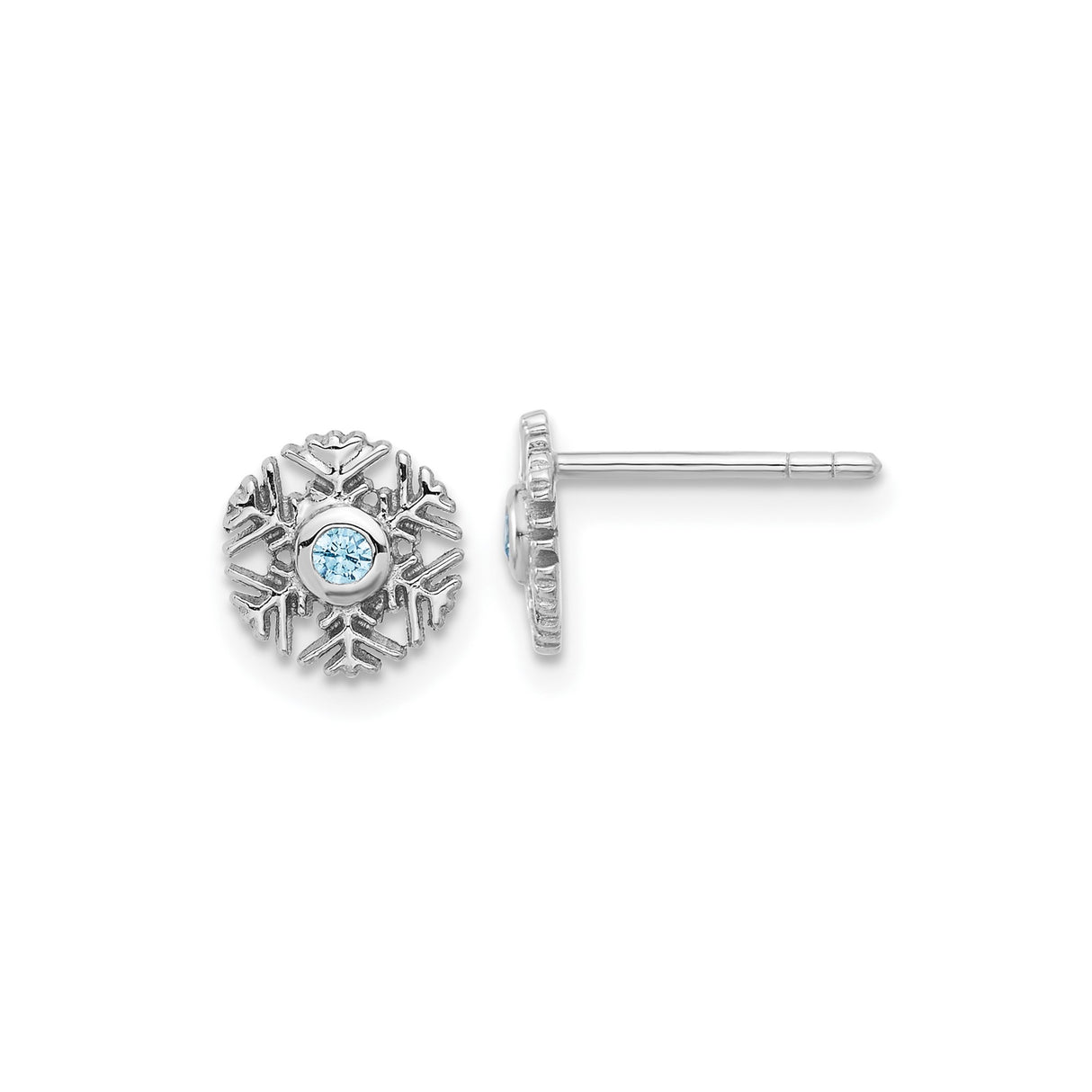 Sterling Silver Snowflake Stud Earrings with Light Blue Cubic Zirconia Center