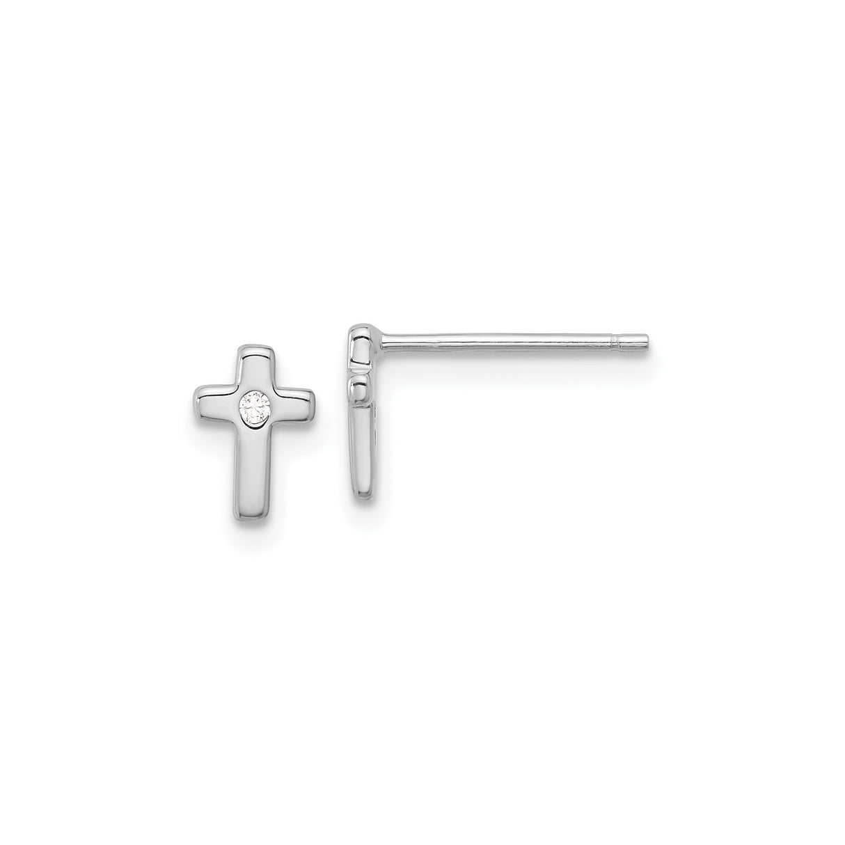 Sterling Silver Cross Stud Earrings with Cubic Zirconia, Polished Spiritual Design for Men and Women