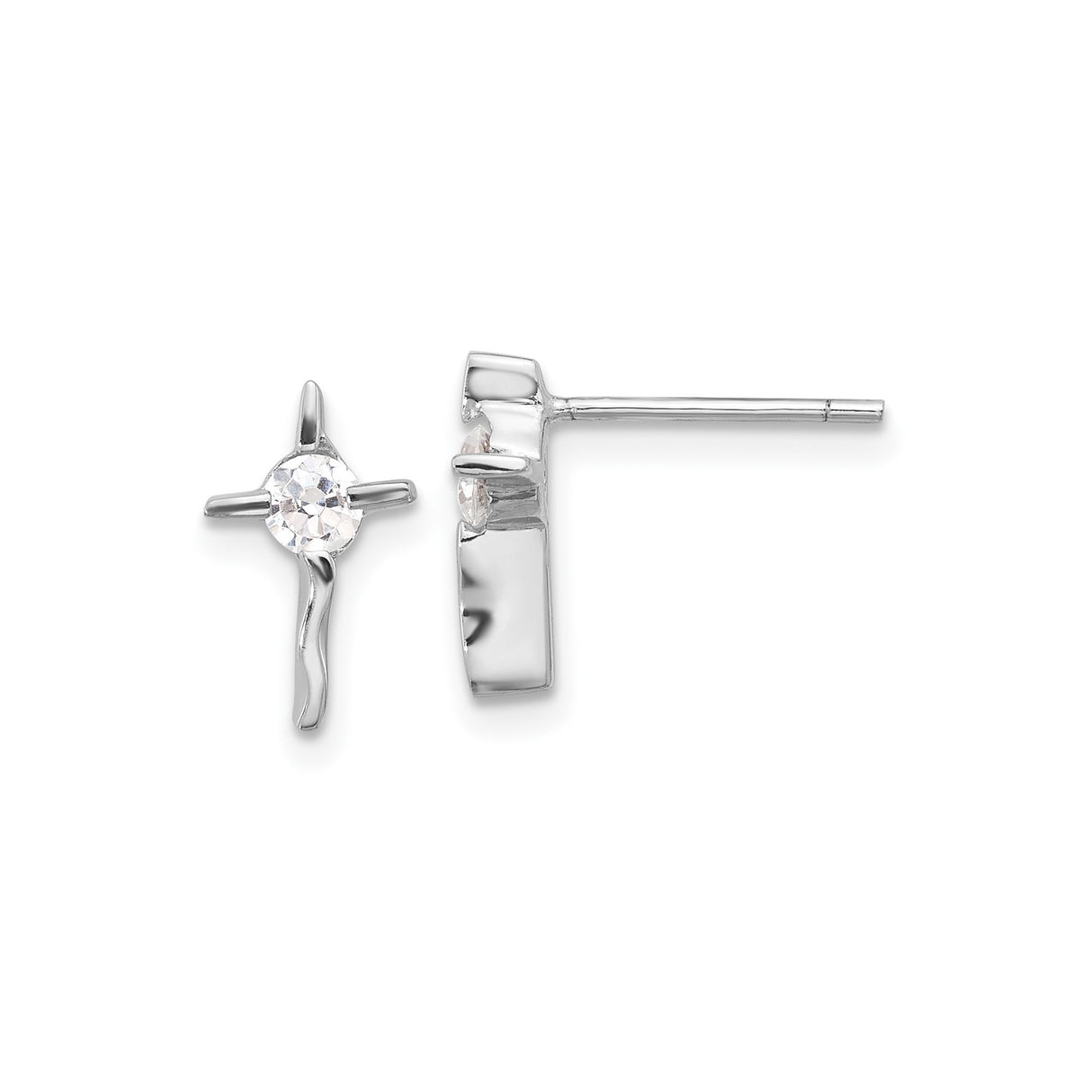Sterling Silver Cross Earrings with Cubic Zirconia, Wave Design, Unisex Studs